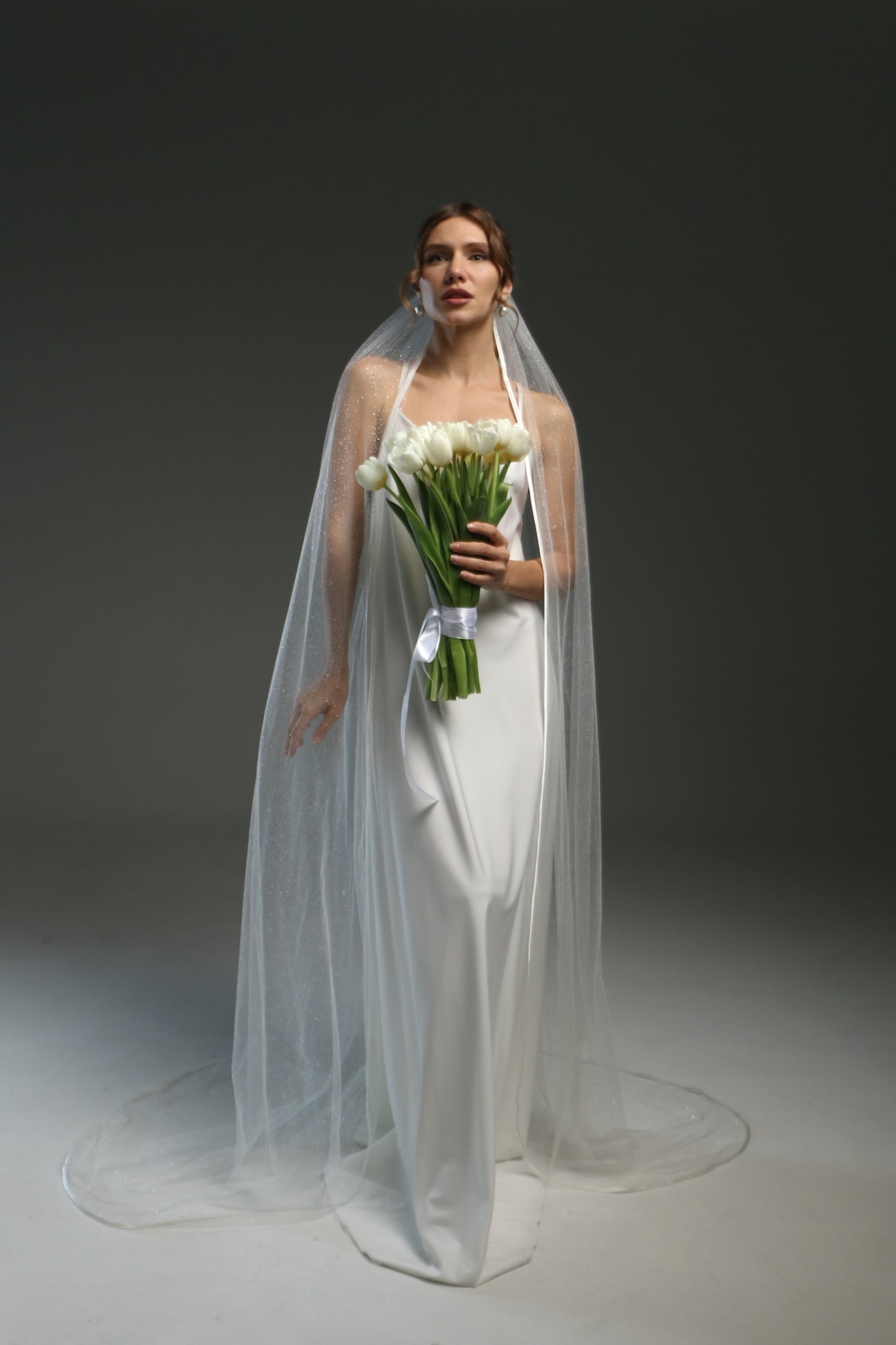 Elegant Long Satin Edge Wedding Veil with Glitter & Ribbon - Classic Chapel Bridal Veil
