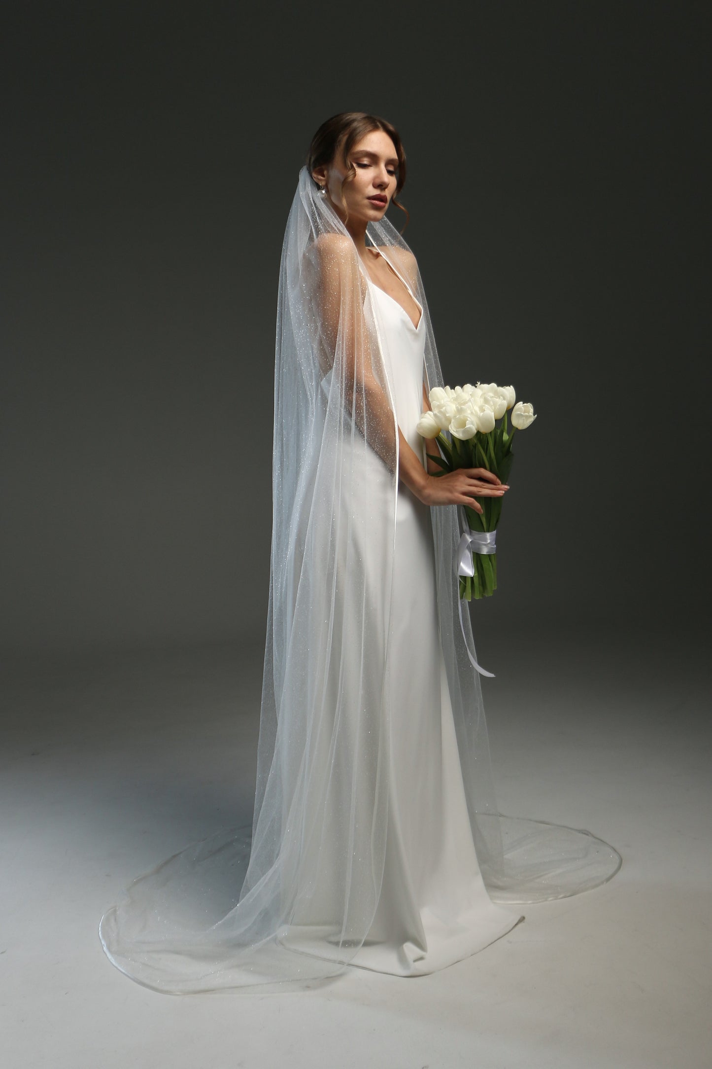 Elegant Long Satin Edge Wedding Veil with Glitter & Ribbon - Classic Chapel Bridal Veil