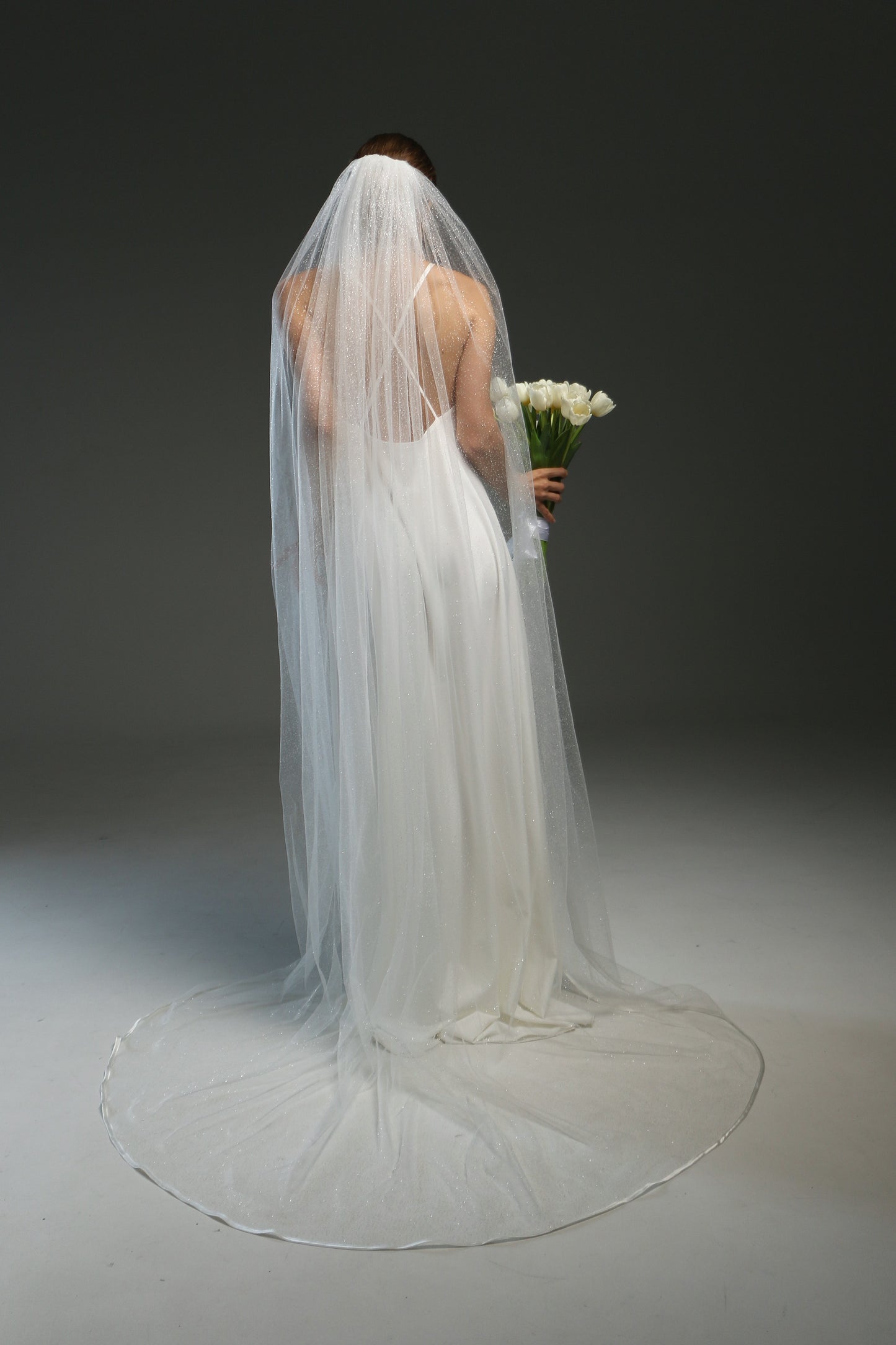 Elegant Long Satin Edge Wedding Veil with Glitter & Ribbon - Classic Chapel Bridal Veil