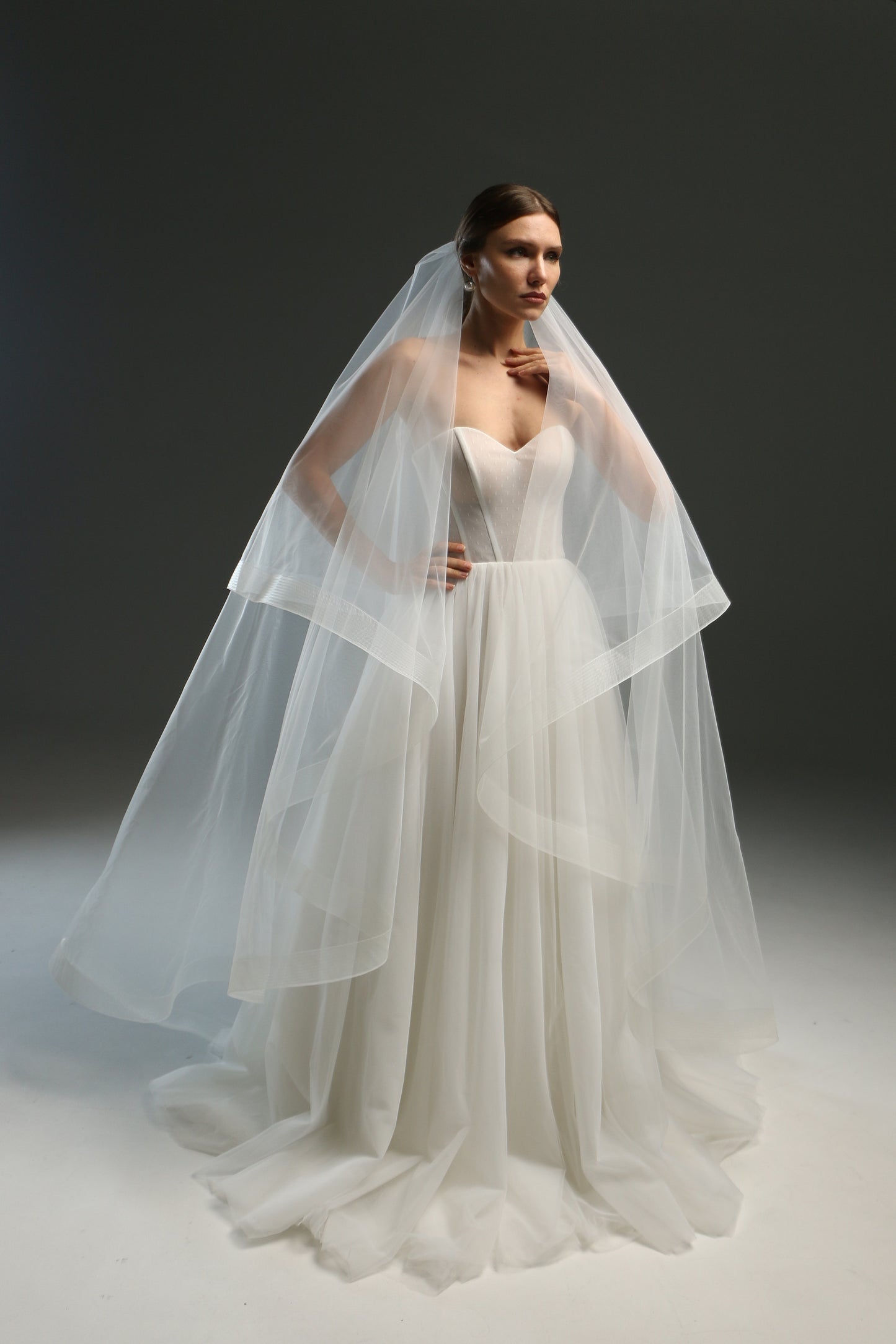 Ivory Bridal Veil - Soft English Tulle Fingertip Drop Veil with Double Layer & Horsehair Crinoline Trim