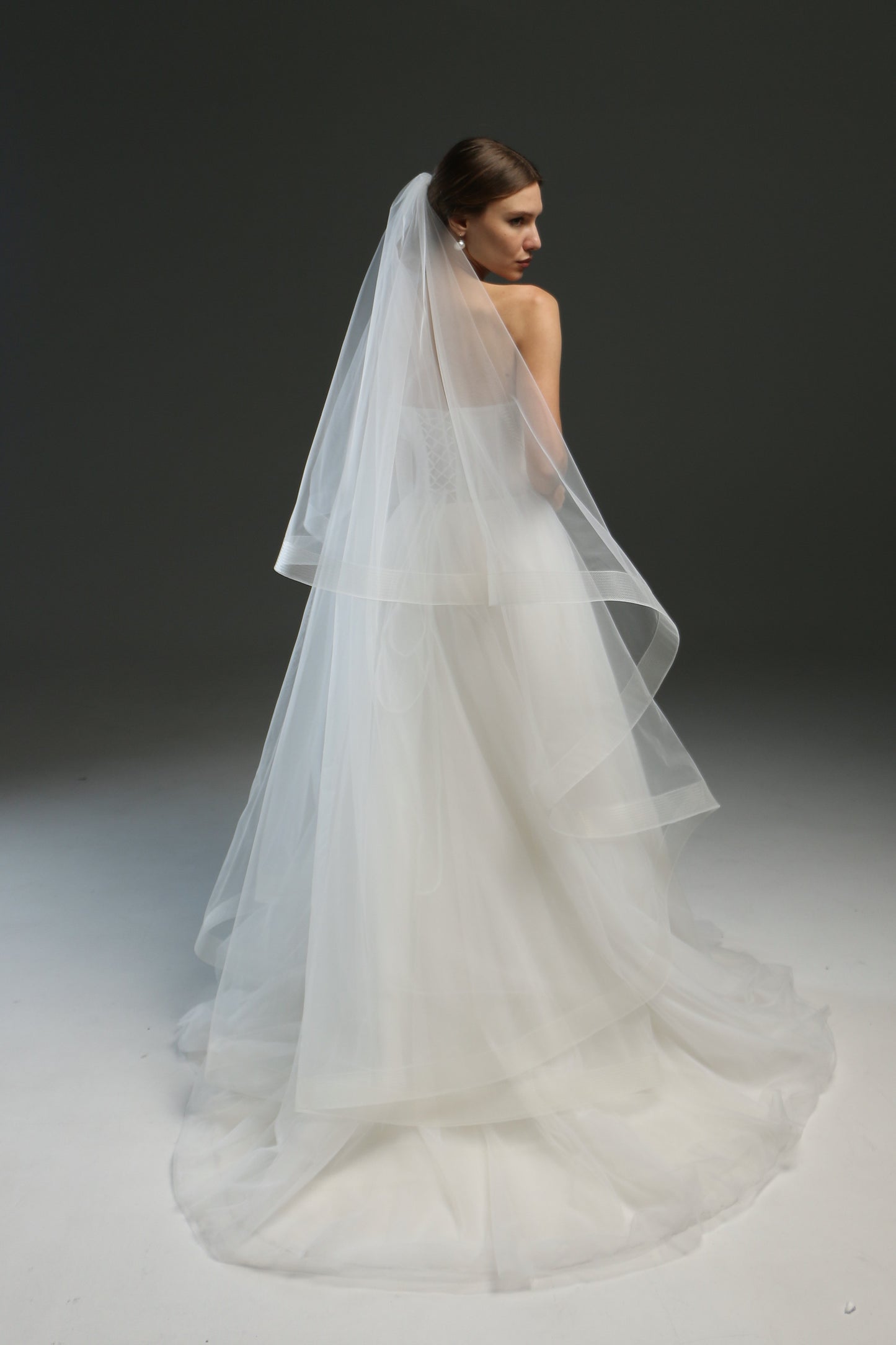 Ivory Bridal Veil - Soft English Tulle Fingertip Drop Veil with Double Layer & Horsehair Crinoline Trim