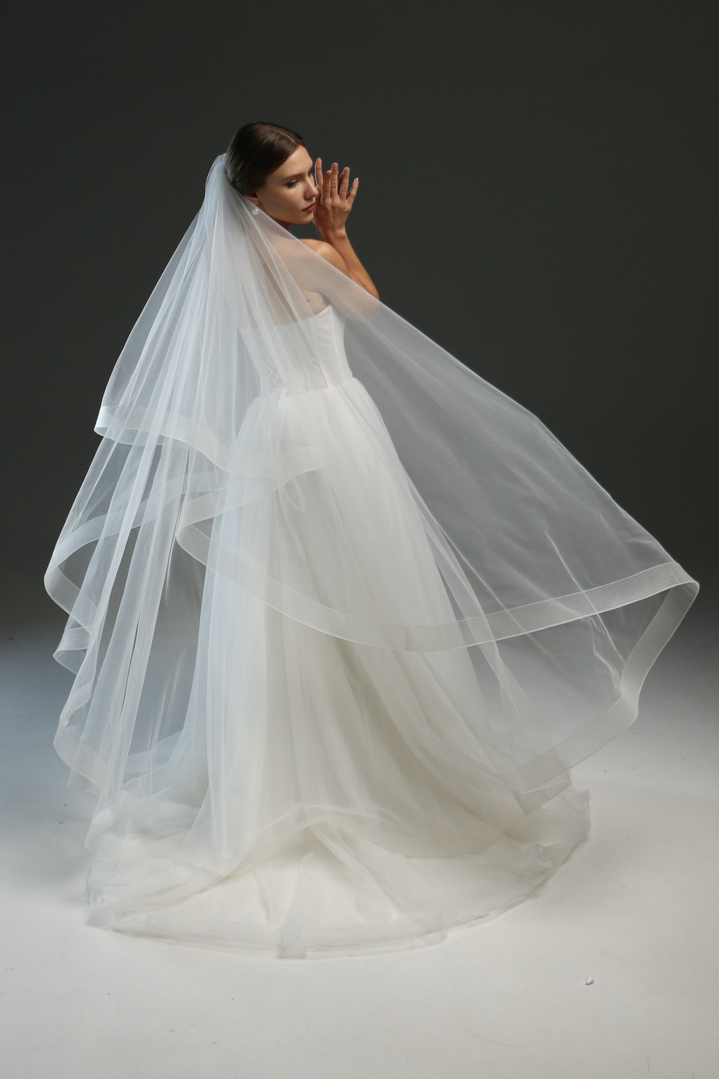 Ivory Bridal Veil - Soft English Tulle Fingertip Drop Veil with Double Layer & Horsehair Crinoline Trim