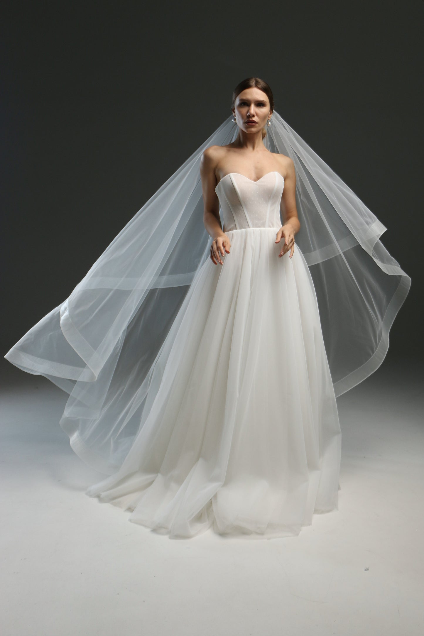 Ivory Bridal Veil - Soft English Tulle Fingertip Drop Veil with Double Layer & Horsehair Crinoline Trim