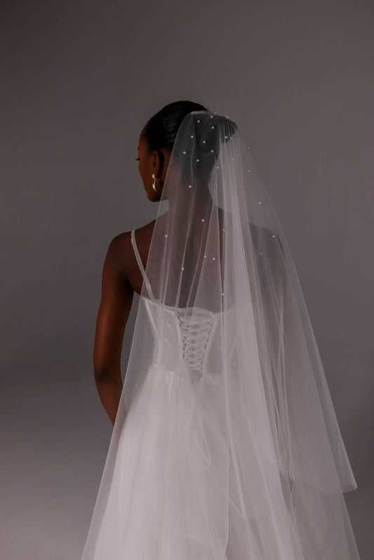 Two-Tier Pearl Bridal Veil with Raw Cut Edge - M1056
