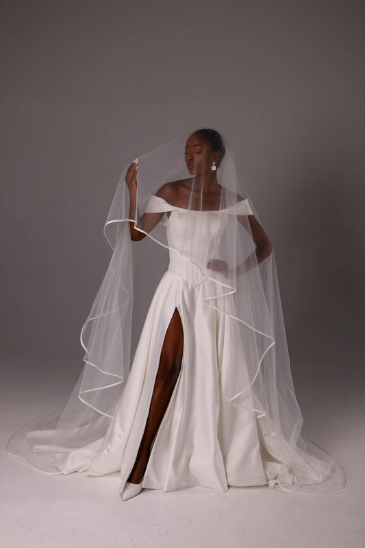 Double Layer Wedding Veil with Satin Trim - M1057