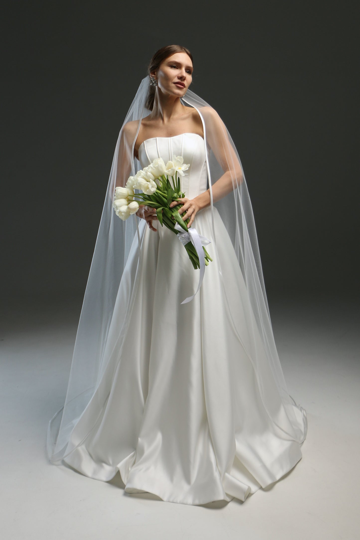 Elegant Satin Edge Wedding Veil - Long Fingertip Bridal Veil with Ribbon Trim | Classic Chapel Veil
