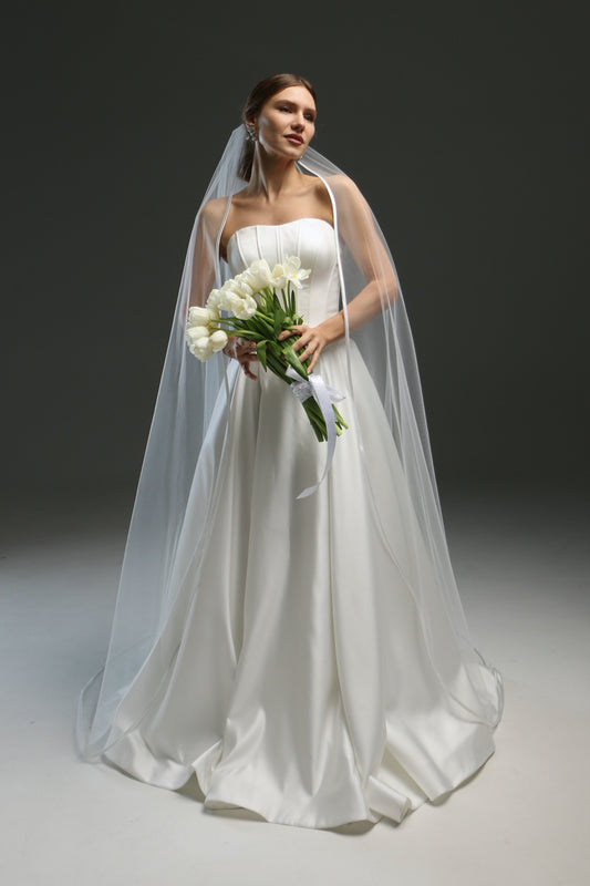 Elegant Satin Edge Wedding Veil - Long Fingertip Bridal Veil with Ribbon Trim | Classic Chapel Veil  - M1048