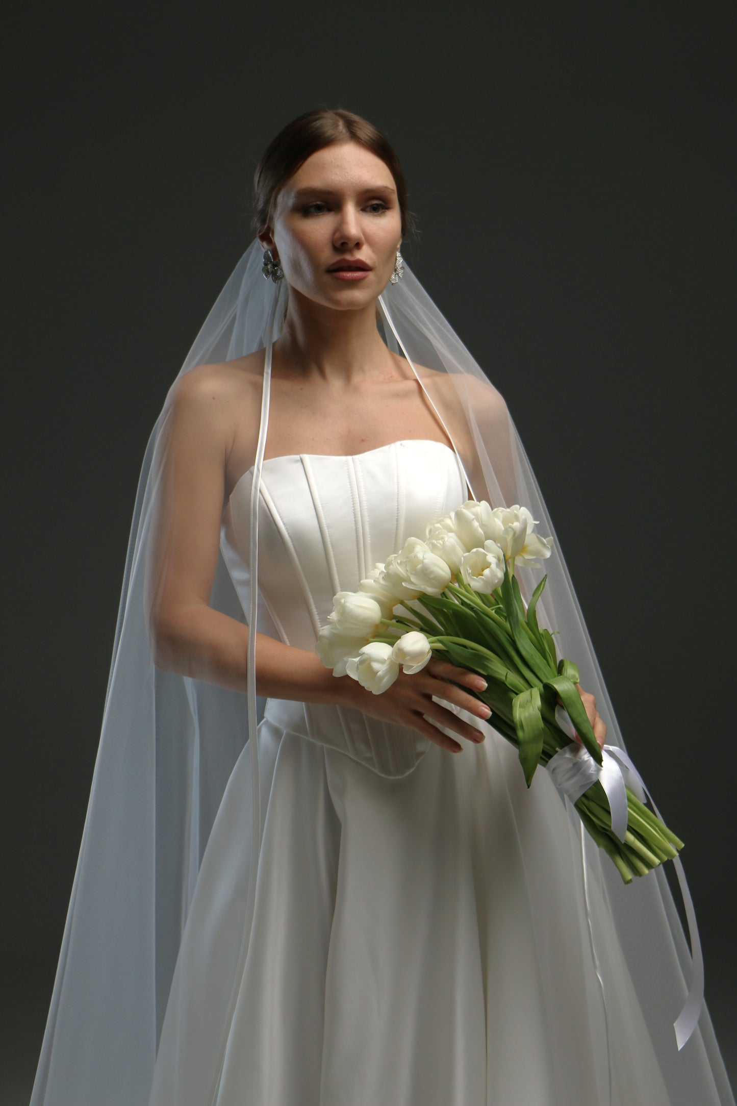Elegant Satin Edge Wedding Veil - Long Fingertip Bridal Veil with Ribbon Trim | Classic Chapel Veil