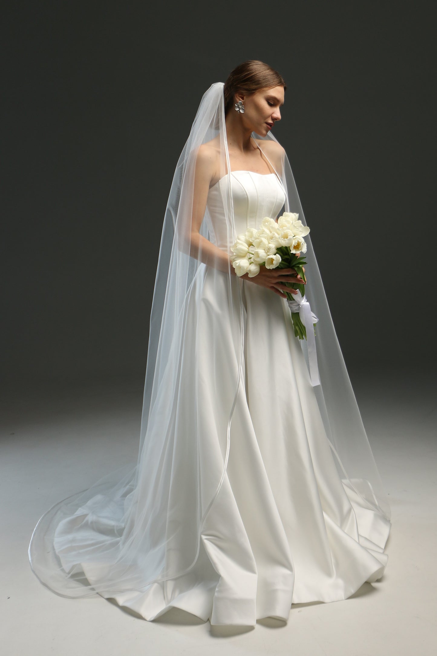 Elegant Satin Edge Wedding Veil - Long Fingertip Bridal Veil with Ribbon Trim | Classic Chapel Veil