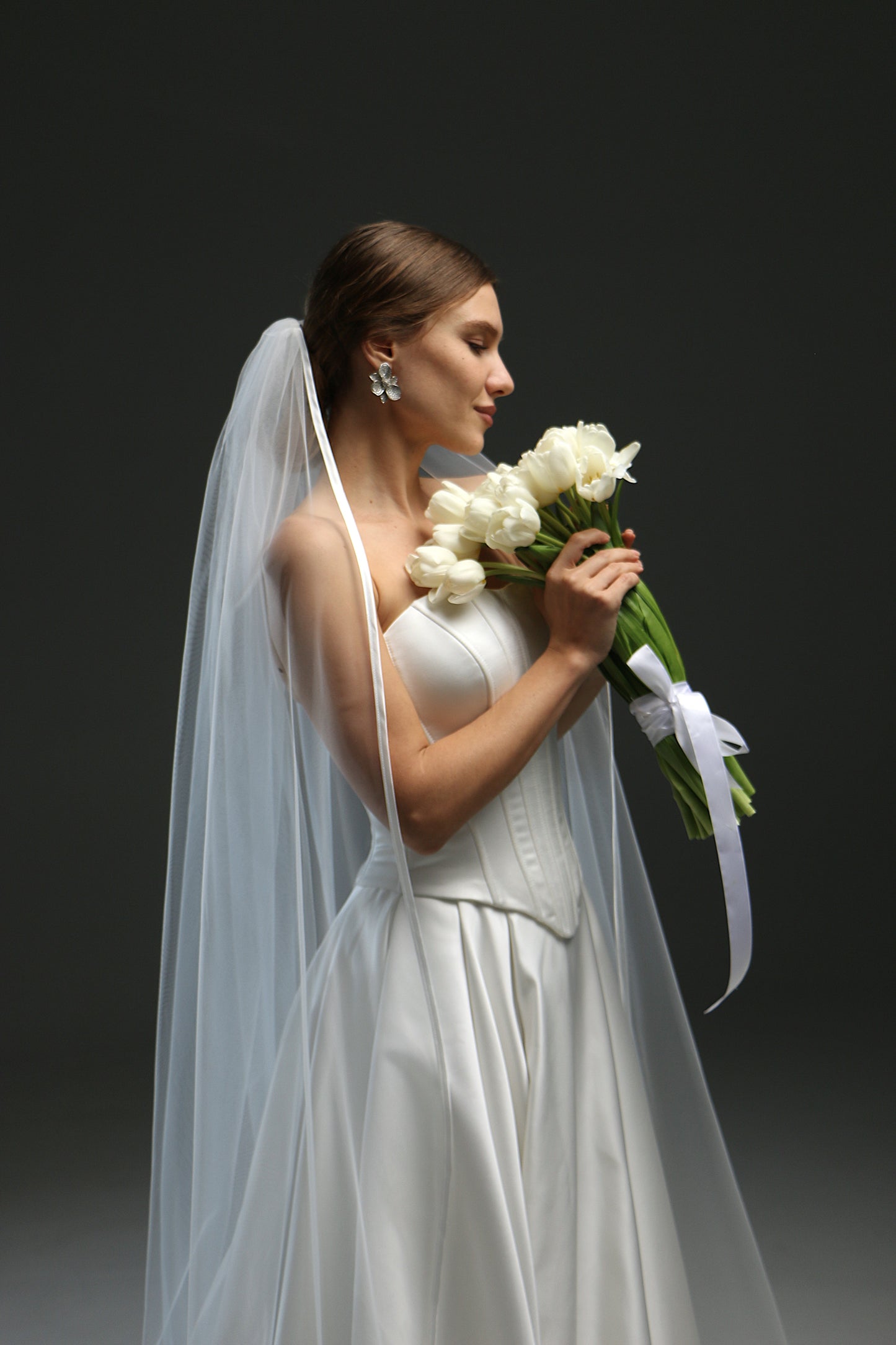 Elegant Satin Edge Wedding Veil - Long Fingertip Bridal Veil with Ribbon Trim | Classic Chapel Veil