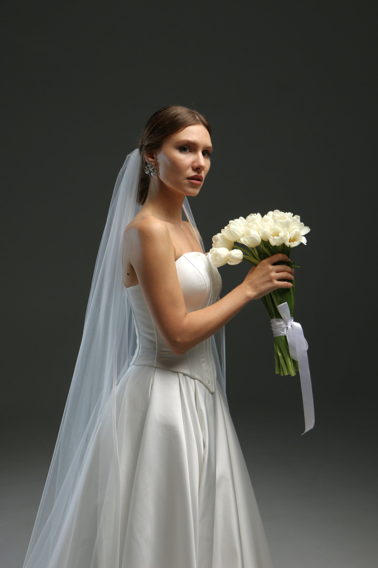 Elegant Satin Edge Wedding Veil - Long Fingertip Bridal Veil with Ribbon Trim | Classic Chapel Veil