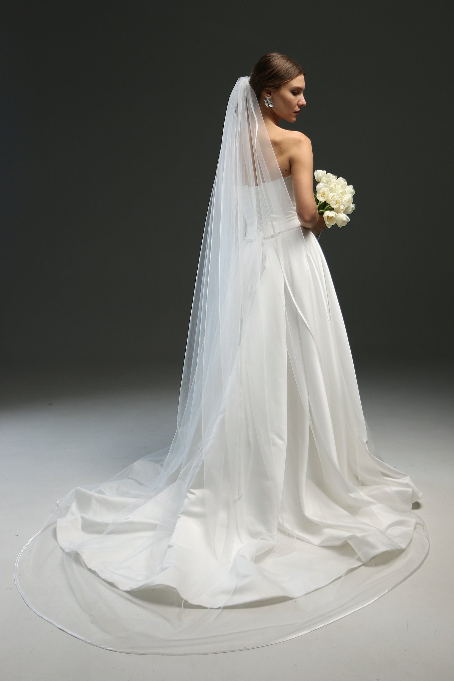Elegant Satin Edge Wedding Veil - Long Fingertip Bridal Veil with Ribbon Trim | Classic Chapel Veil