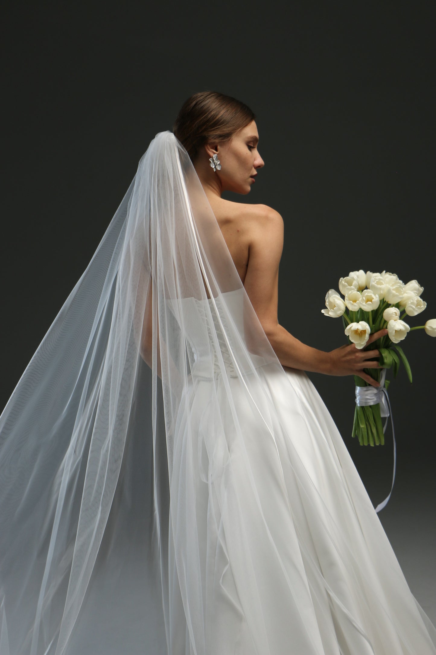 Elegant Satin Edge Wedding Veil - Long Fingertip Bridal Veil with Ribbon Trim | Classic Chapel Veil