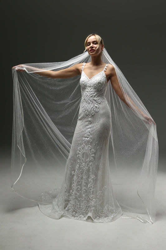 One-Tier Sparkle Bridal Veil with Satin Ribbon Edge   - M1063
