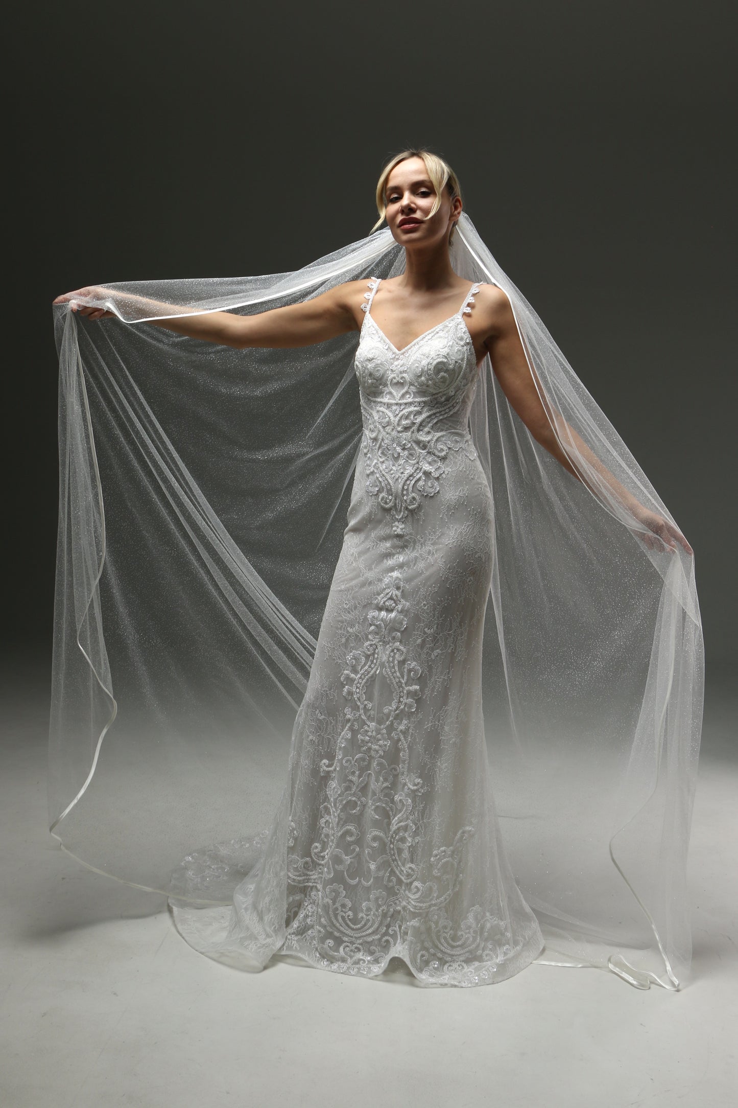 Cathedral Veil Soft Shine - One Layer Wedding Veil with Satin Edge, Sparkly Tulle Veil, Fingertip or Chapel Length