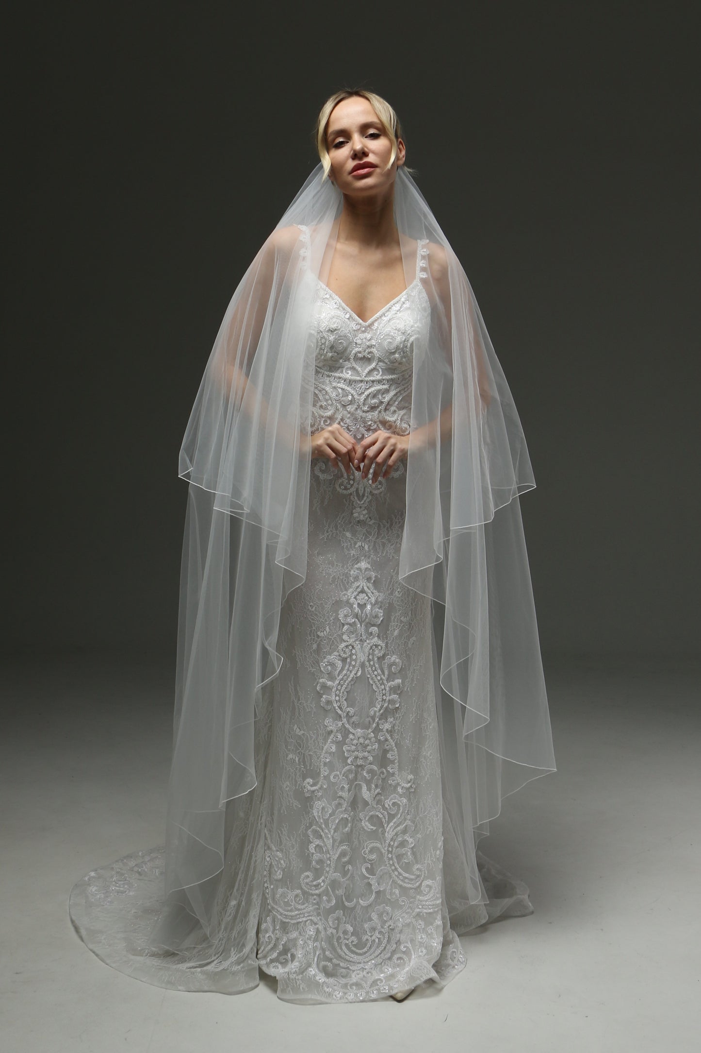Sheer Wedding Veil With Pencil Edge - 2 Layers Blusher Veil, Cathedral Length, Statement Wedding Ve