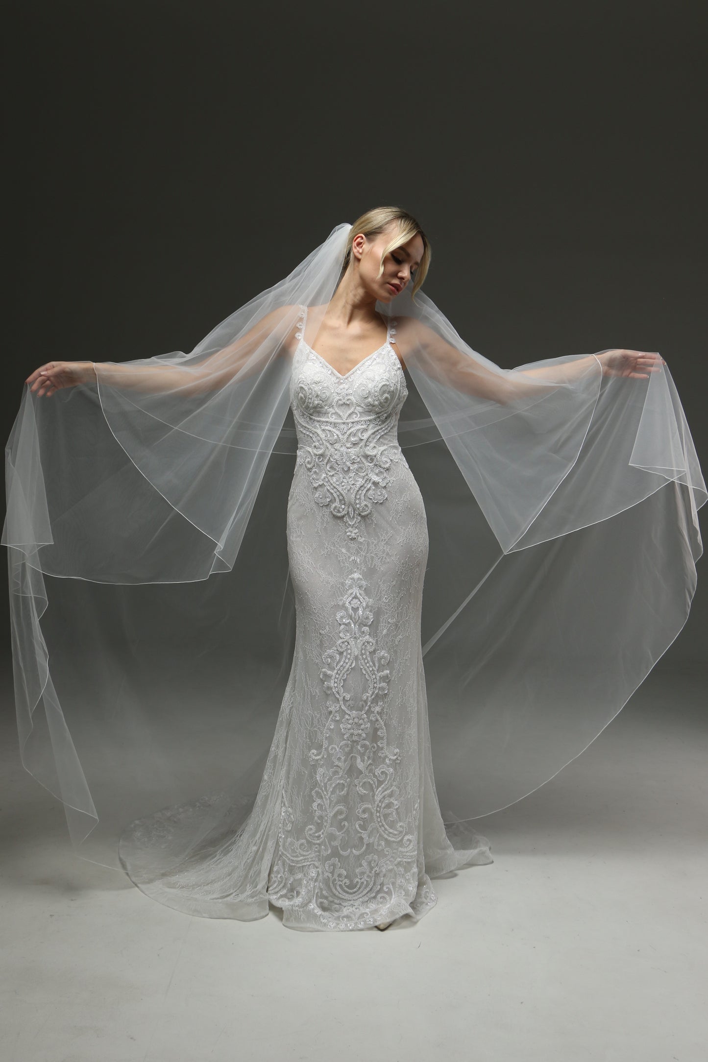 Sheer Wedding Veil With Pencil Edge - 2 Layers Blusher Veil, Cathedral Length, Statement Wedding Ve
