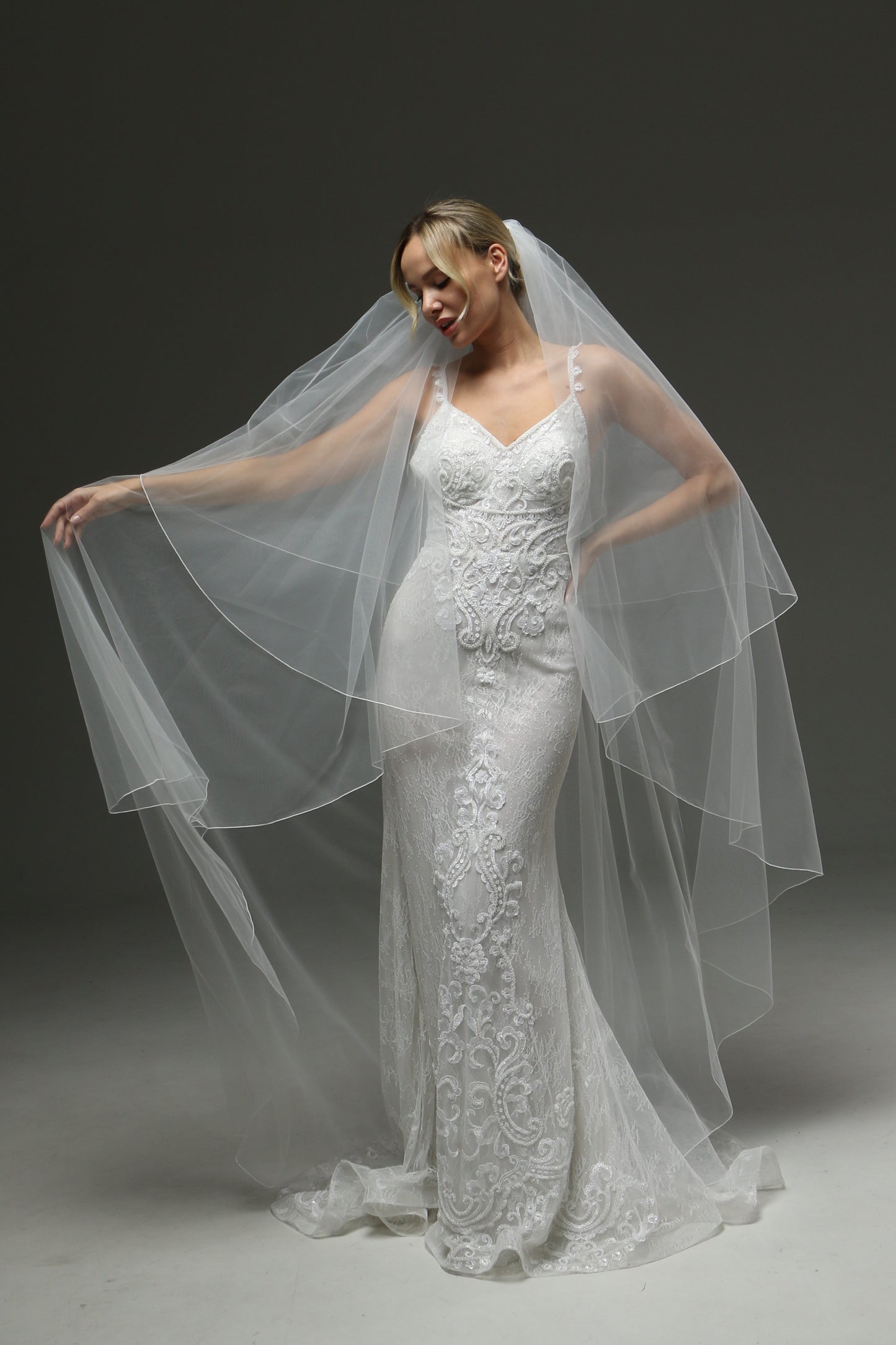 Sheer Wedding Veil With Pencil Edge - 2 Layers Blusher Veil, Cathedral Length, Statement Wedding Ve