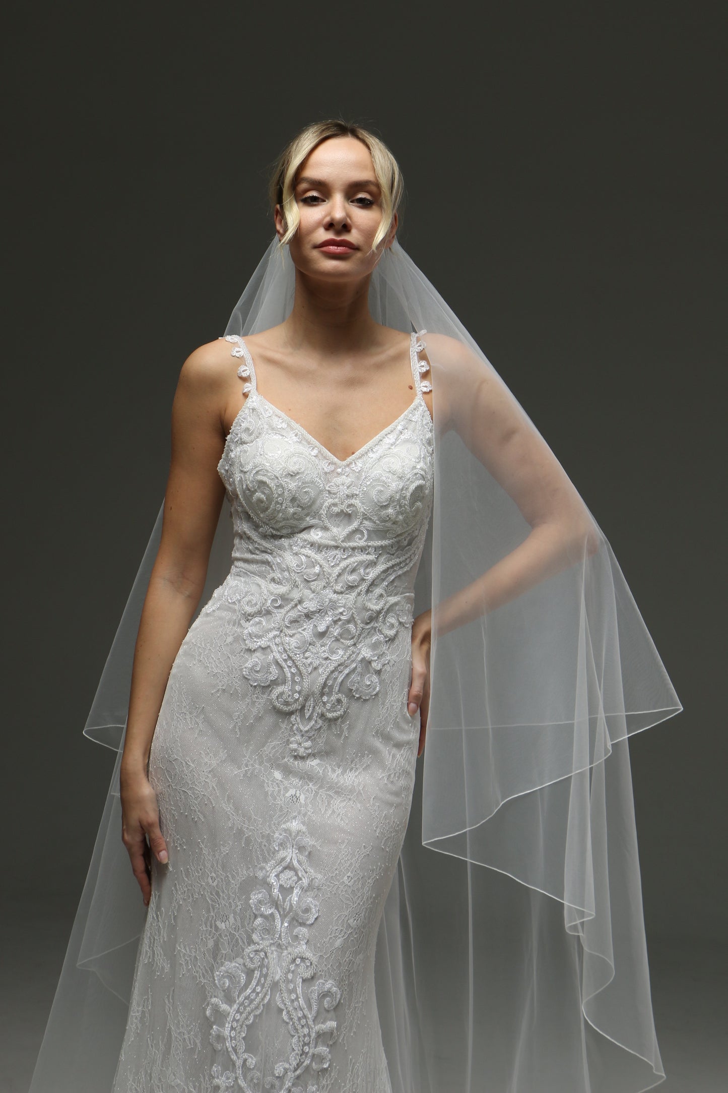 Sheer Wedding Veil With Pencil Edge - 2 Layers Blusher Veil, Cathedral Length, Statement Wedding Ve
