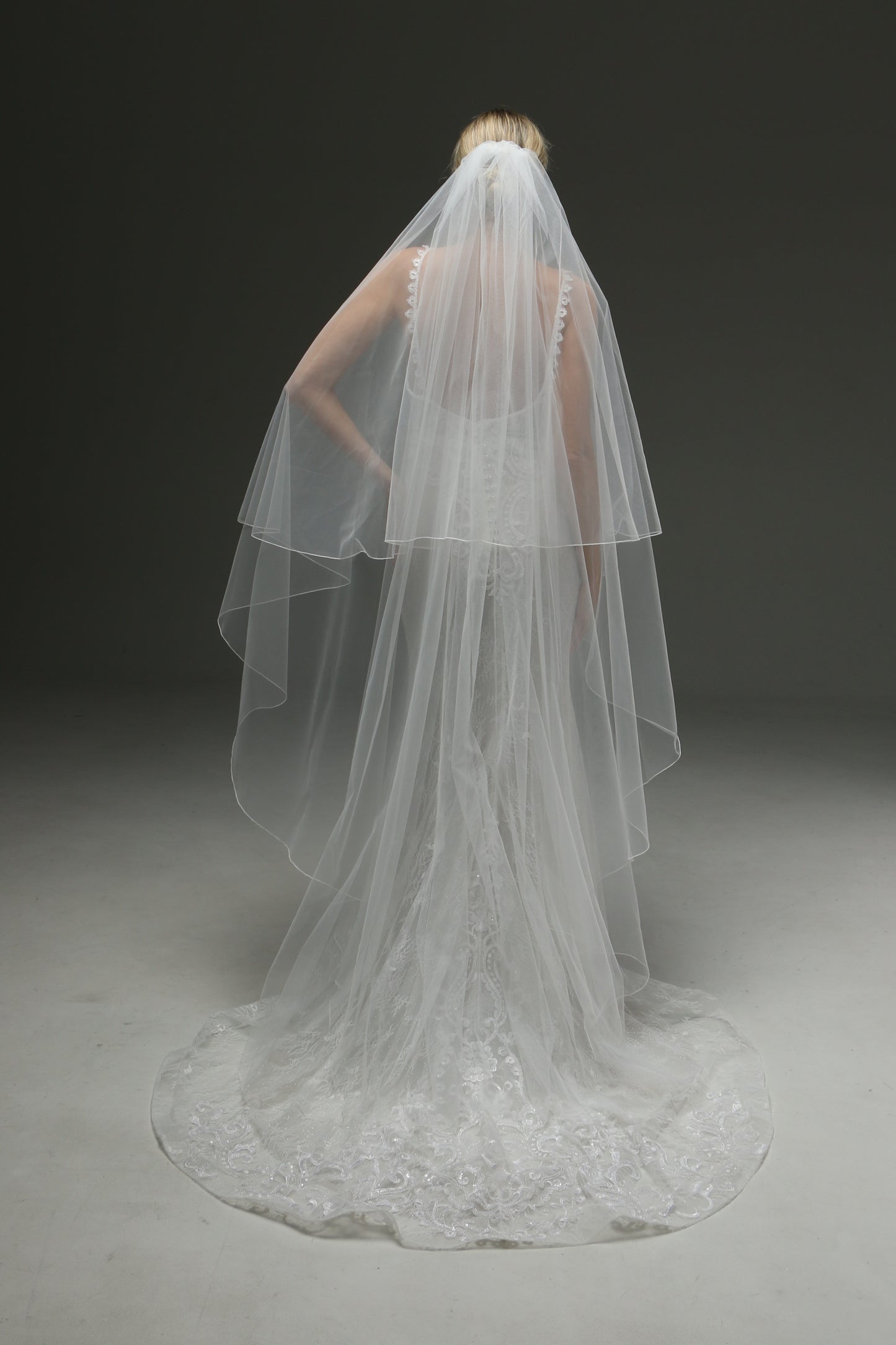 Sheer Wedding Veil With Pencil Edge - 2 Layers Blusher Veil, Cathedral Length, Statement Wedding Ve