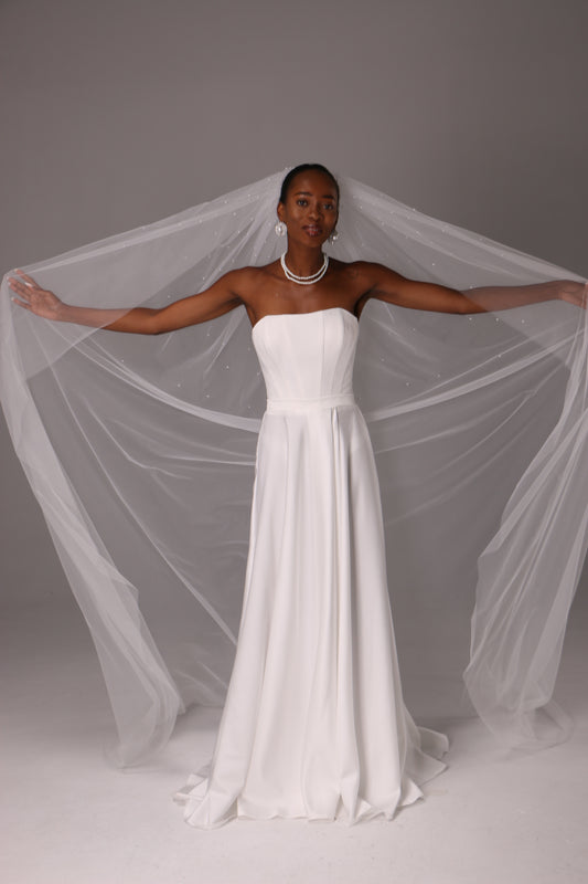 One Tier Wedding Veil with Pearls  - M1059