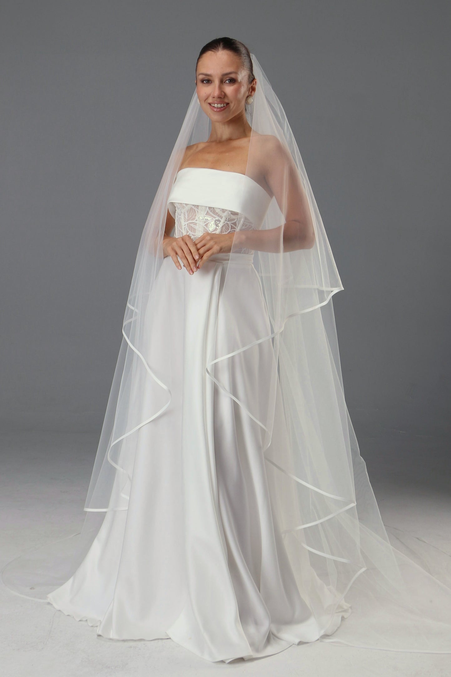 Two-Tier Satin Ribbon Wedding Veil: Italian Tulle Drop Veil - M1087