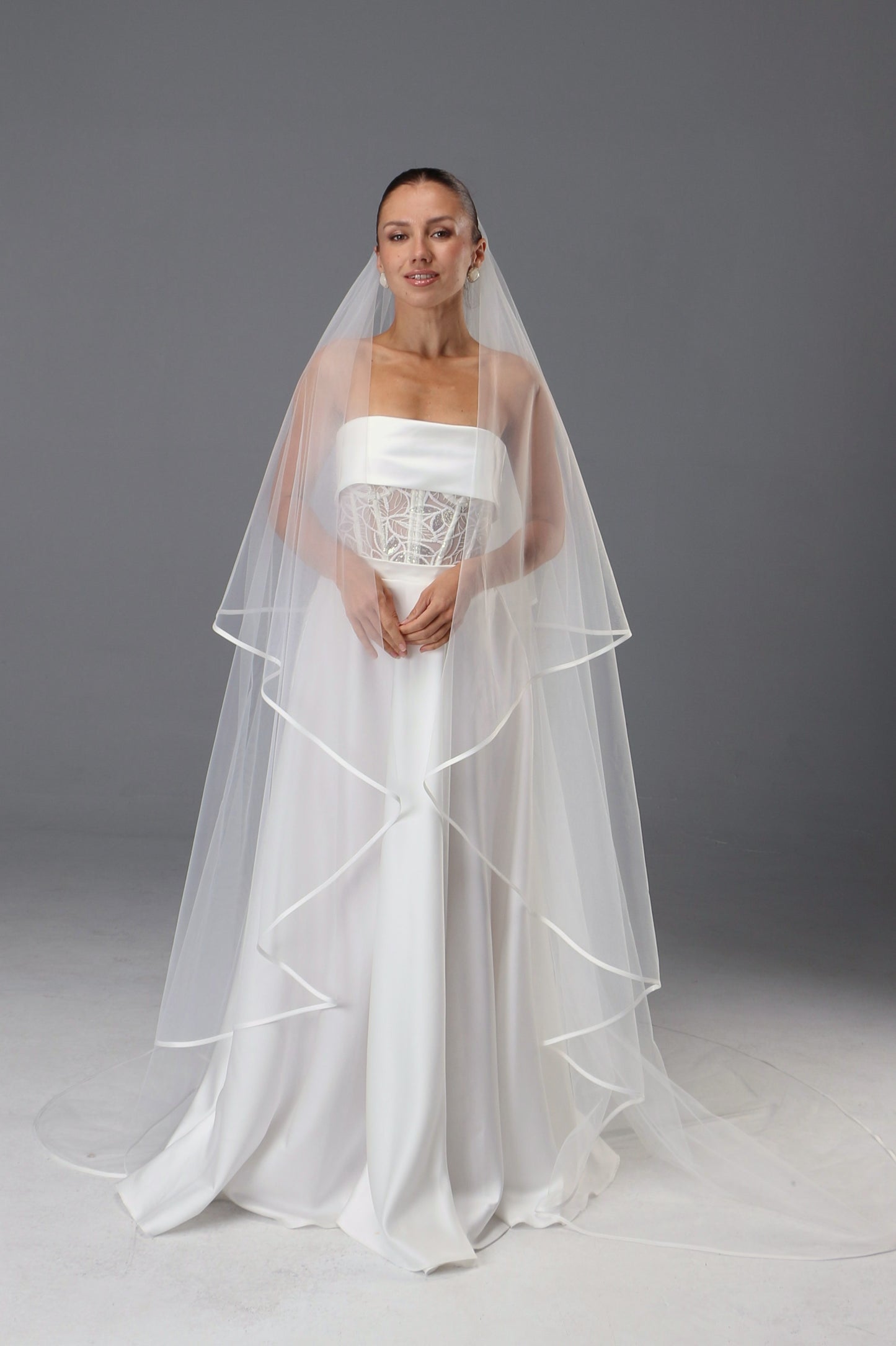 Two-Tier Satin Ribbon Wedding Veil: Italian Tulle Drop Veil - M1087
