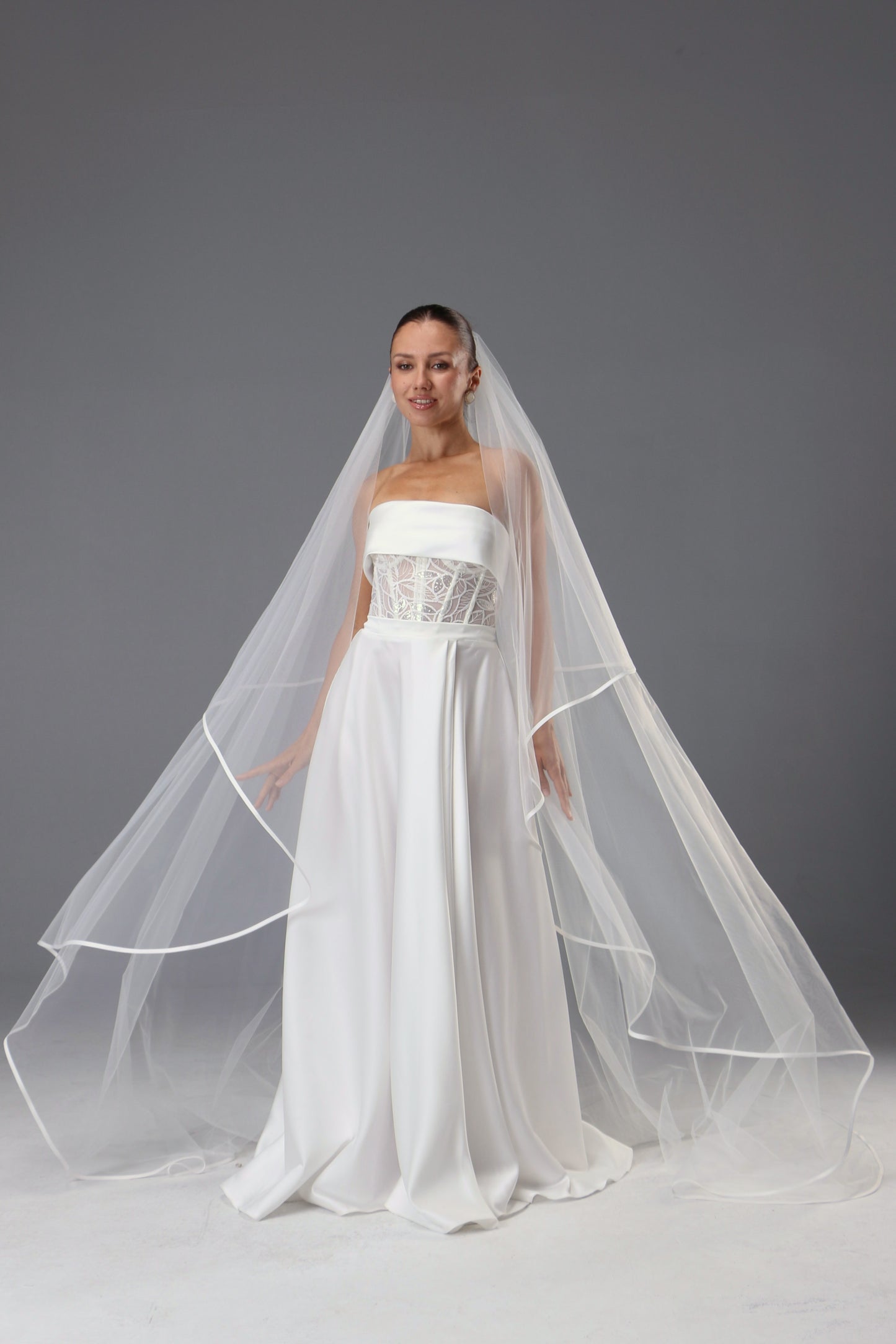 Two-Tier Satin Ribbon Wedding Veil: Italian Tulle Drop Veil - M1087