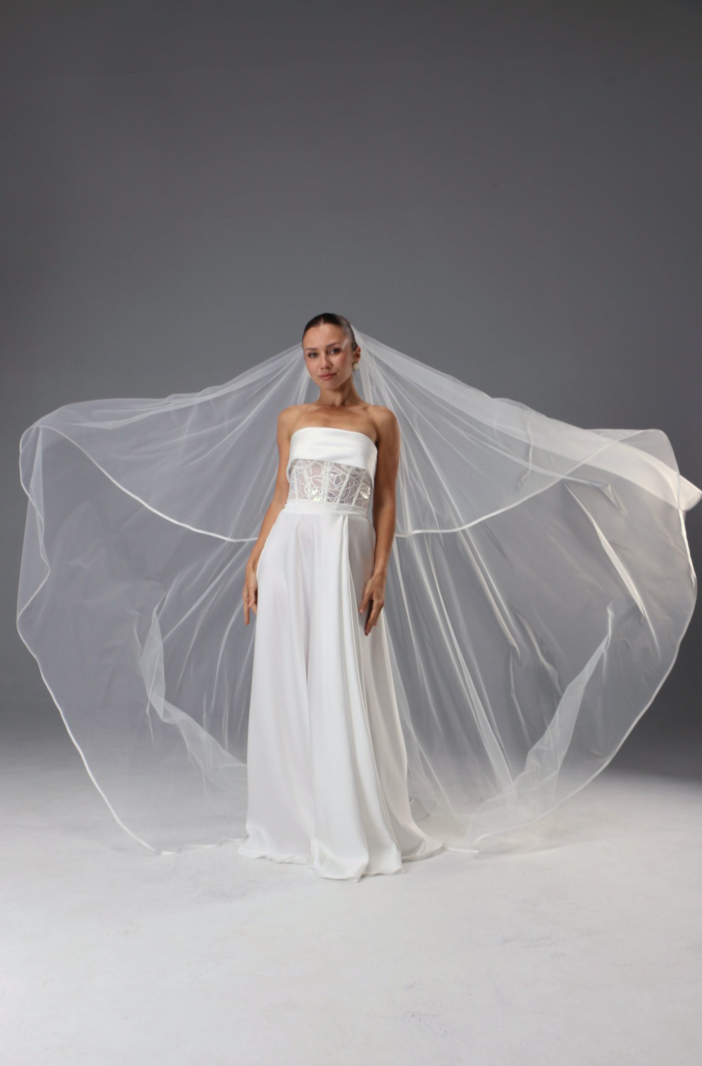 Two-Tier Satin Ribbon Wedding Veil: Italian Tulle Drop Veil - M1087