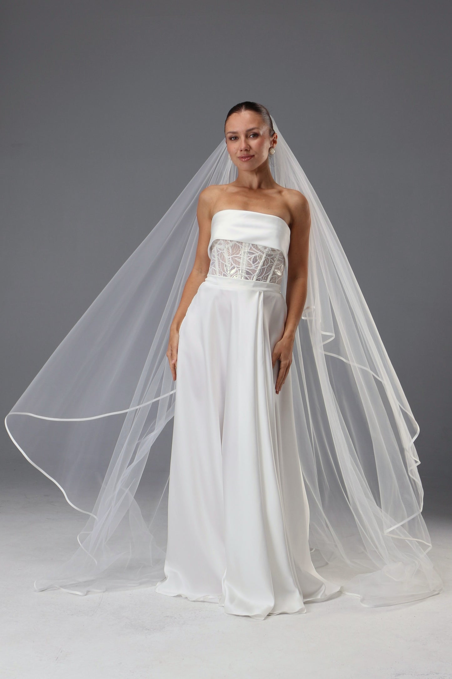Two-Tier Satin Ribbon Wedding Veil: Italian Tulle Drop Veil - M1087