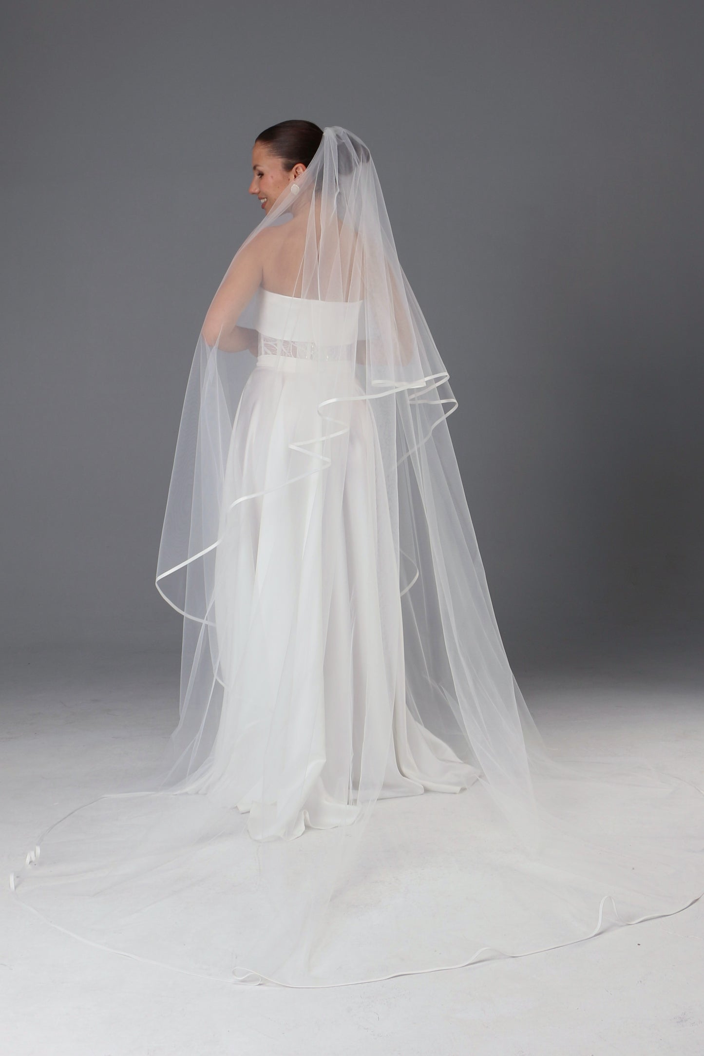 Two-Tier Satin Ribbon Wedding Veil: Italian Tulle Drop Veil - M1087