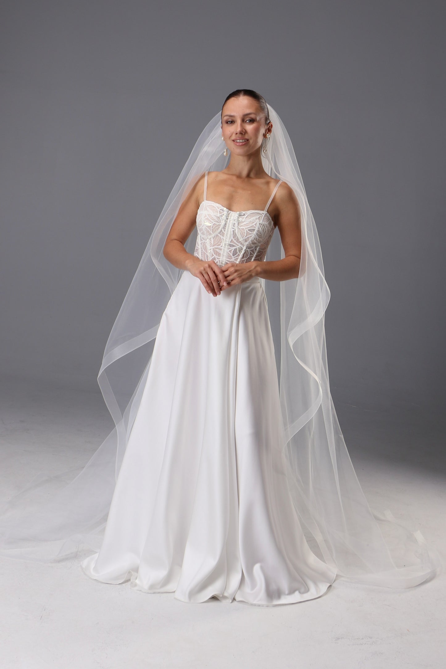 Cathedral Wedding Veil: Ivory Tulle with Horsehair Trim - Handmade - M1085