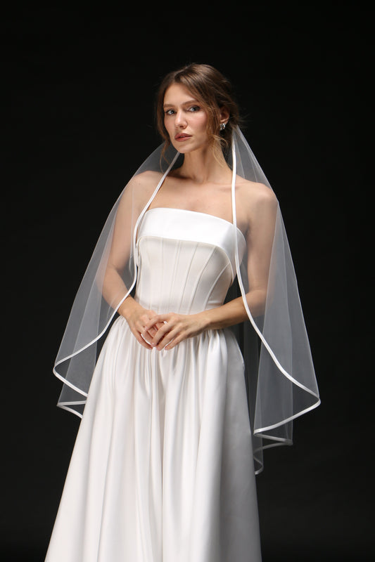 One Tier Cascading Wedding Veil with Satin Ribbon Edge – Simple Bridal Veil - M1018