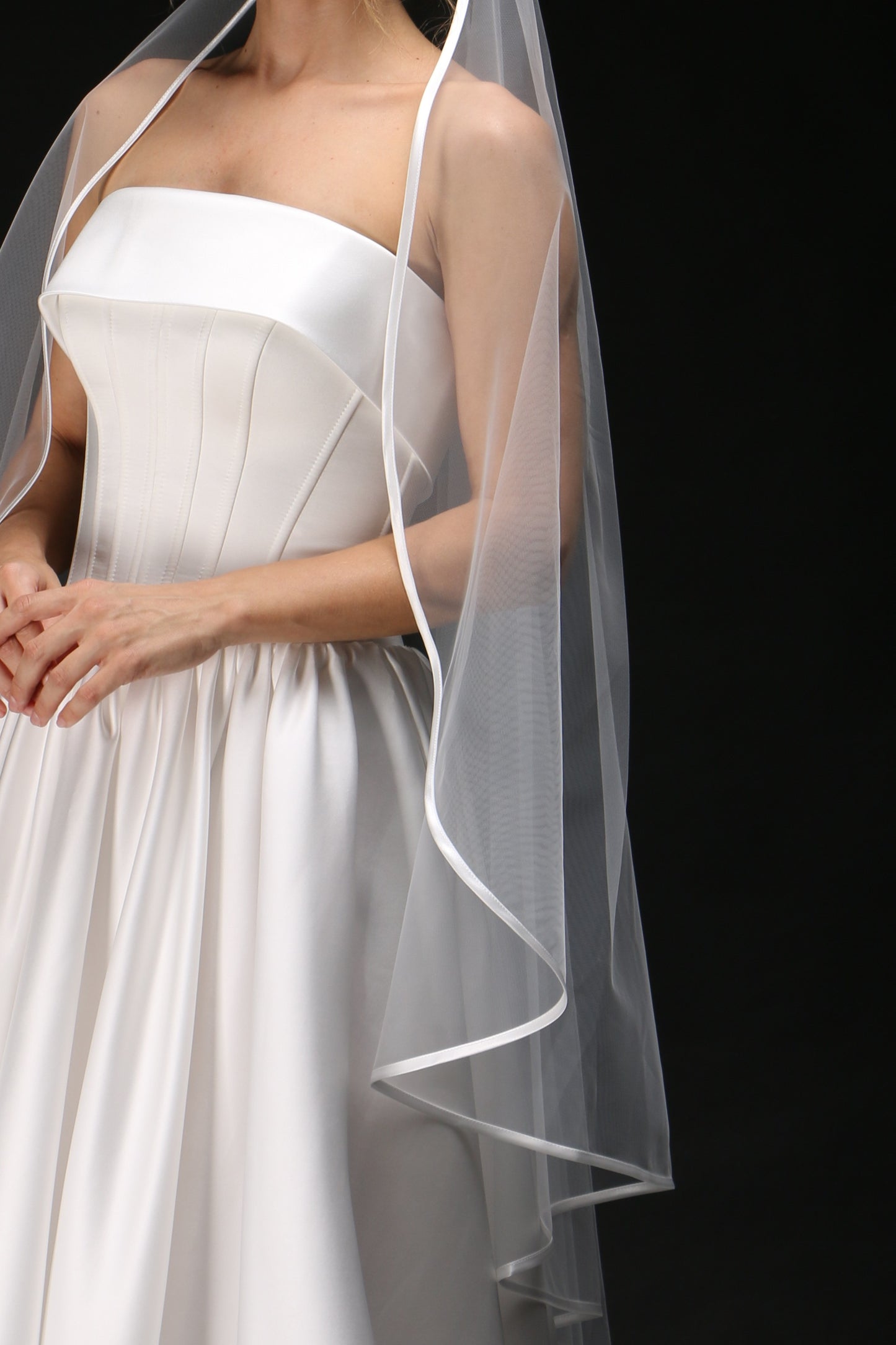 One Tier Cascading Wedding Veil with Satin Ribbon Edge – Simple Bridal Veil