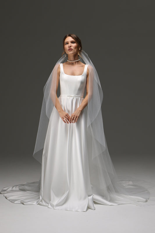 Cathedral One Tier Cascade Soft Wedding Veil with Raw Edge – Classic Wide Ivory Bridal Veil  - M1031