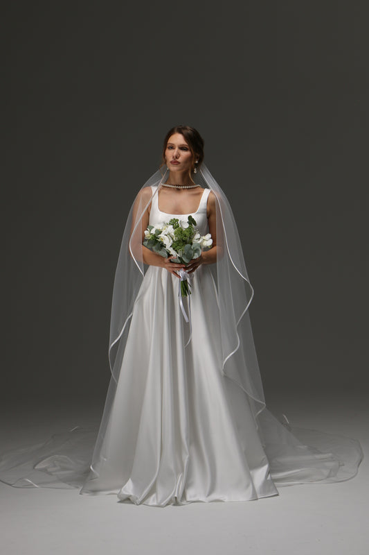 Cascading One Tier Satin Ribbon Wedding Veil, Simple Elegant Bridal Veil with Satin Edge, Knee Length or Short Veil for Bride - M1033