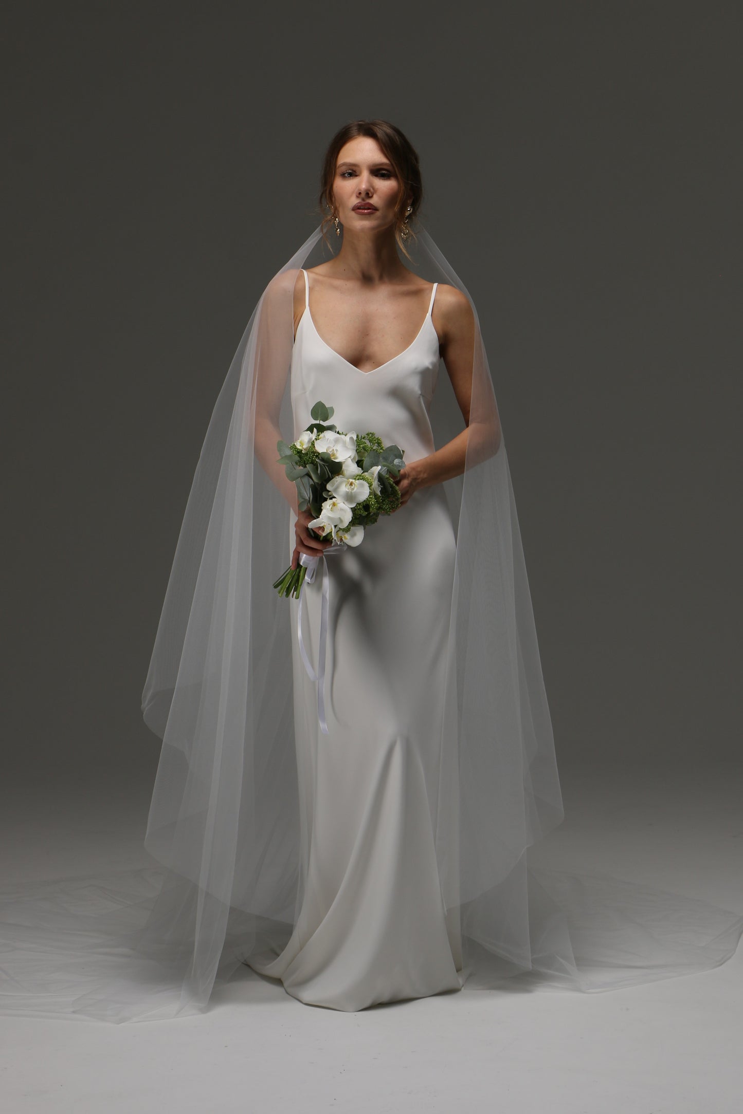 Two Tier Cut Edge Bridal Veil with Blusher – Simple Cascading Chapel Length Wedding Veil