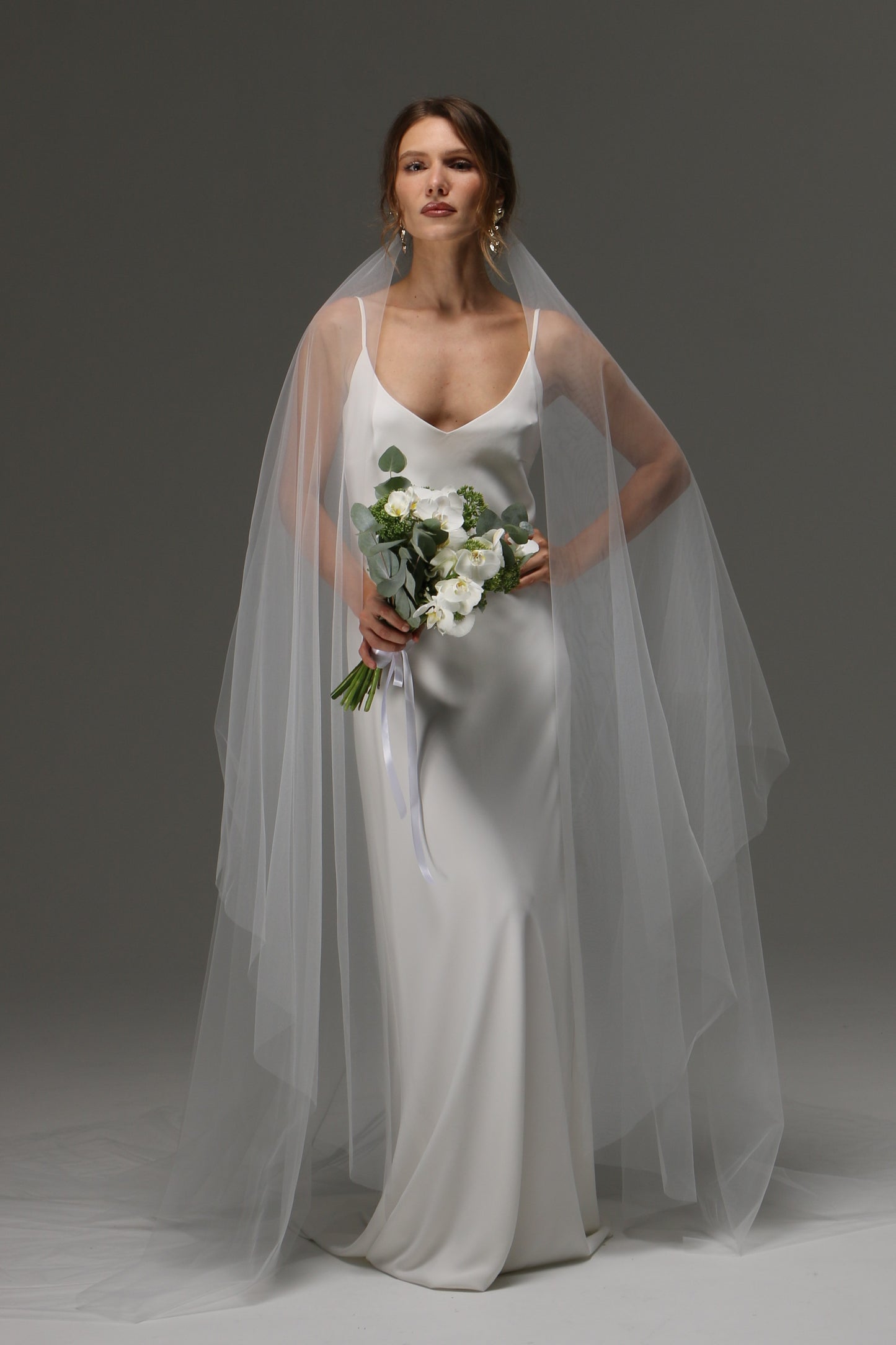 Two Tier Cut Edge Bridal Veil with Blusher – Simple Cascading Chapel Length Wedding Veil