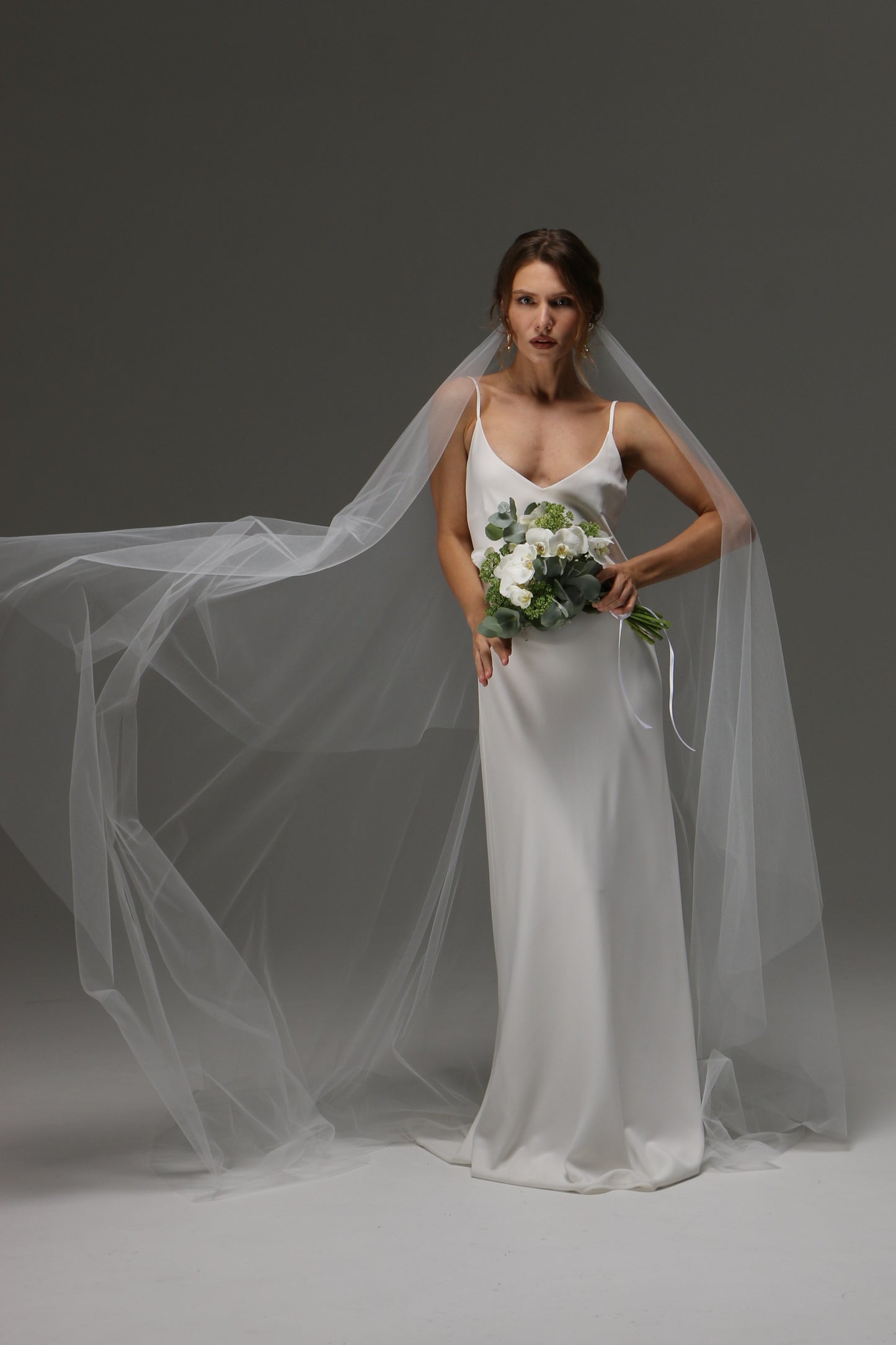 Two Tier Cut Edge Bridal Veil with Blusher – Simple Cascading Chapel Length Wedding Veil