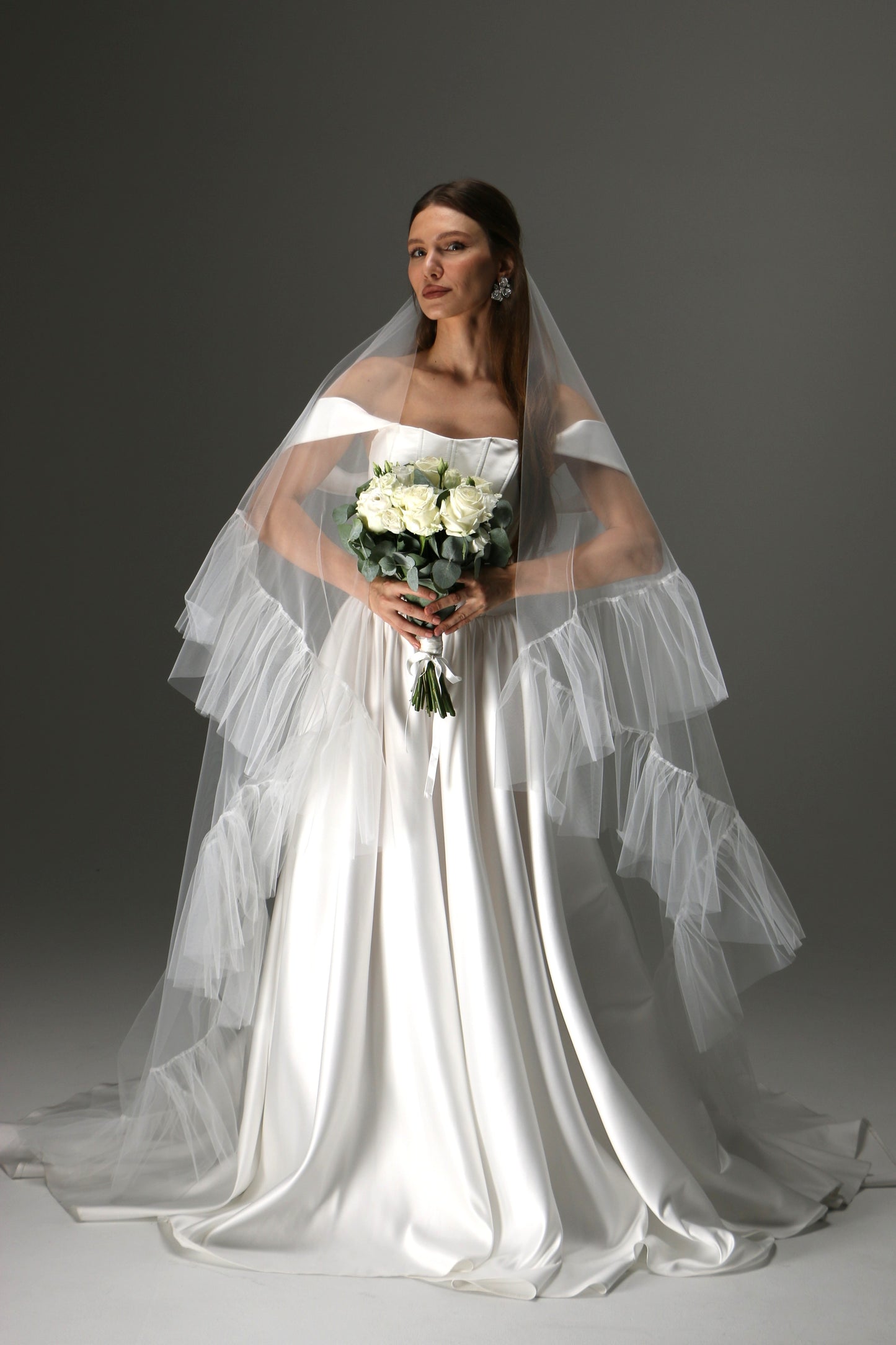 Romantic Boho Wedding Veil – Two Tiers, Flowing Tulle with Ruffle Edge - M1013