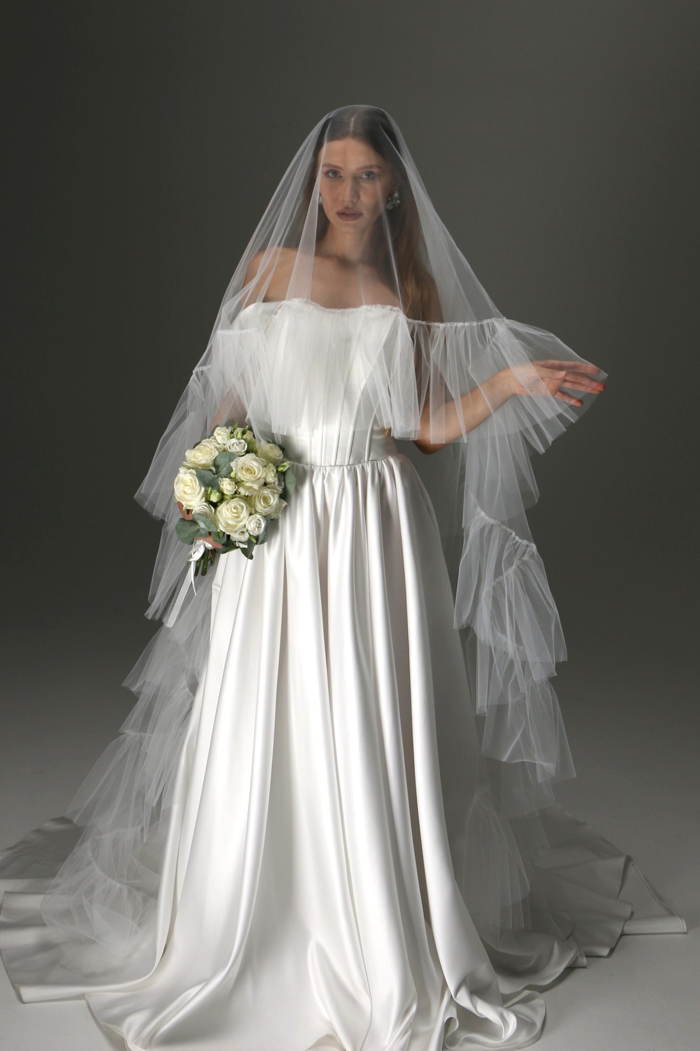Romantic Boho Wedding Veil – Two Tiers, Flowing Tulle with Ruffle Edge - M1013