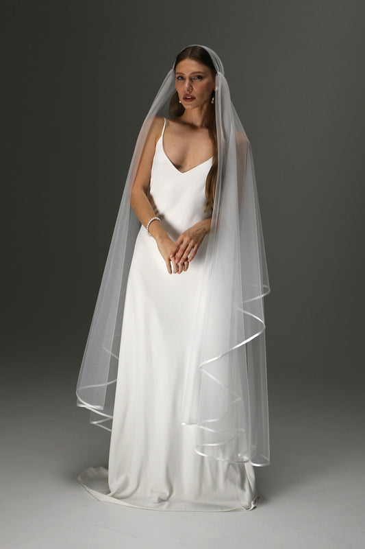 Boho Juliet Cap Veil – Two Tier Vintage Style Soft Tulle with Satin Ribbon Trim - M1011