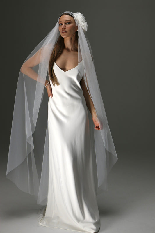 Juliet Cap Veil with Side Flower – One Tier Cascade Soft Tulle Long Bridal Veil - M1009