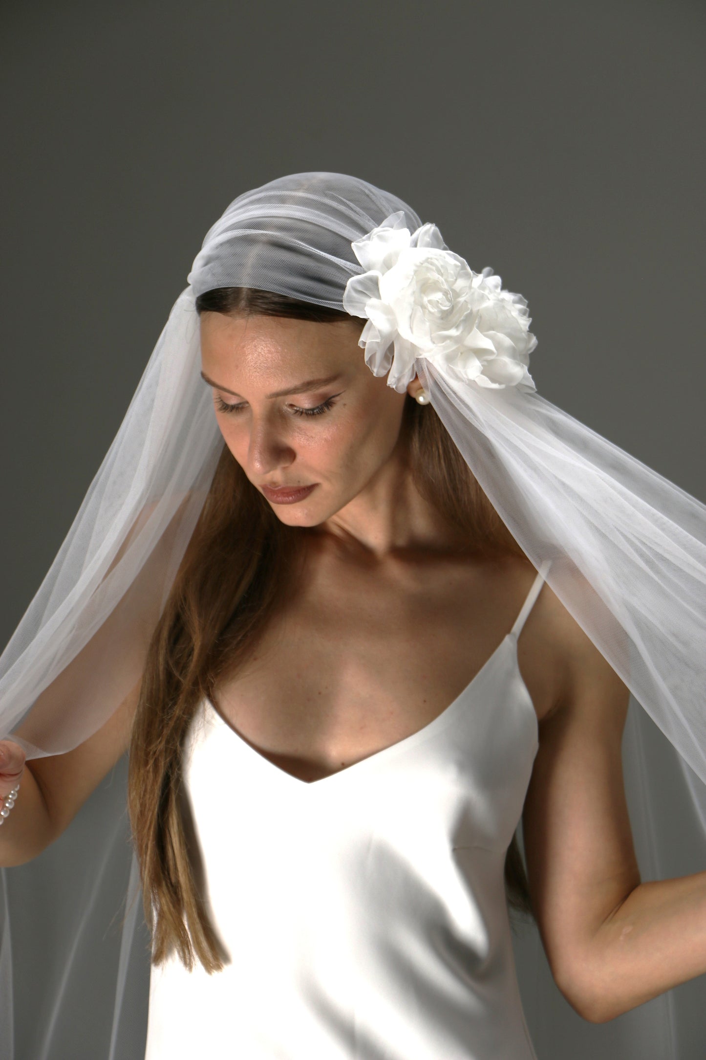Juliet Cap Veil with Side Flower – One Tier Cascade Soft Tulle Long Bridal Veil - M1009