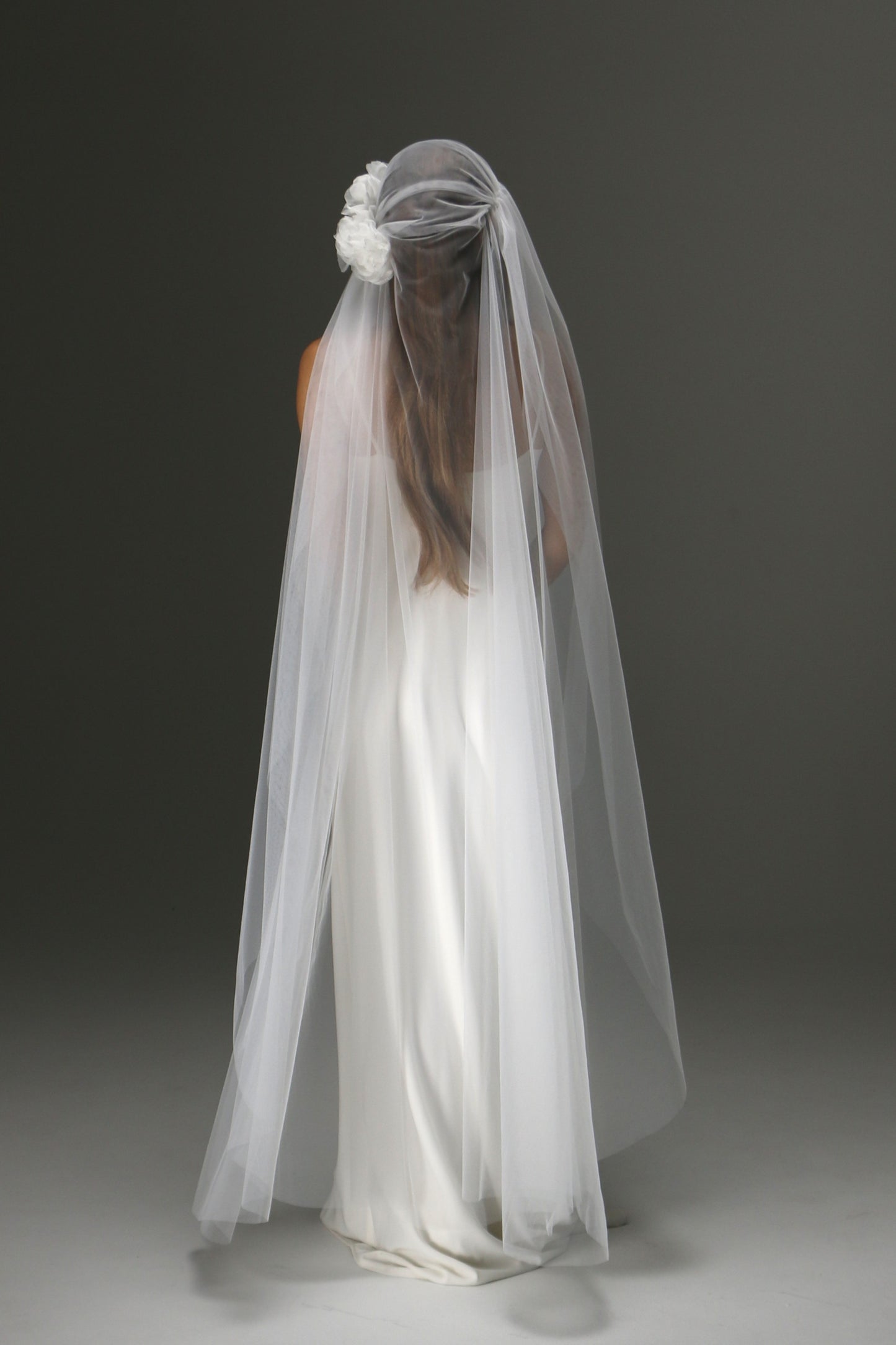Juliet Cap Veil with Side Flower – One Tier Cascade Soft Tulle Long Bridal Veil - M1009