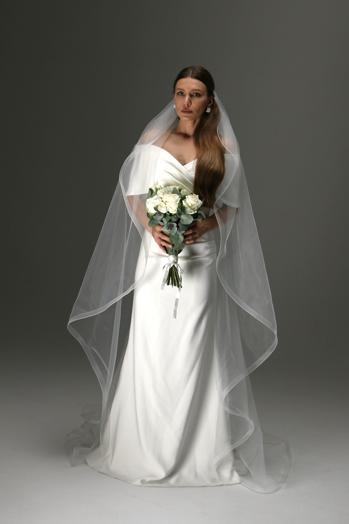 One Layer Cascade Wedding Veil with Horsehair Trim, Cathedral Length - M1007