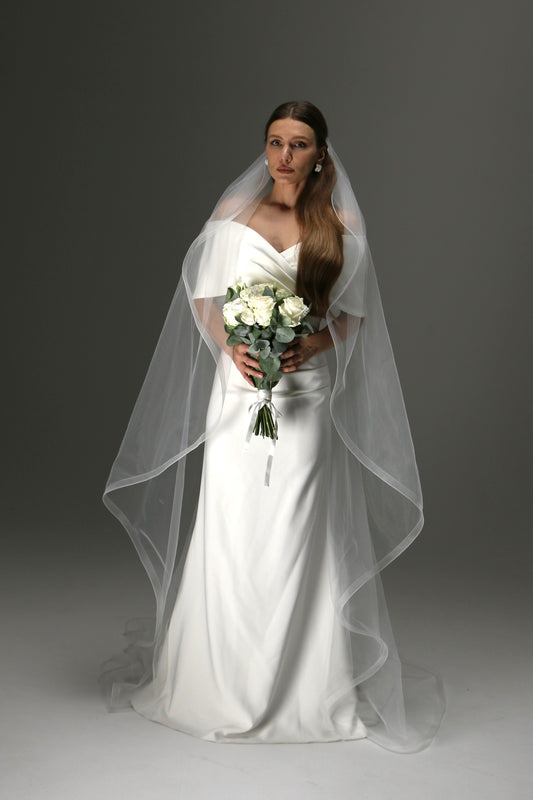One Layer Cascade Wedding Veil with Horsehair Trim, Cathedral Length - M1007
