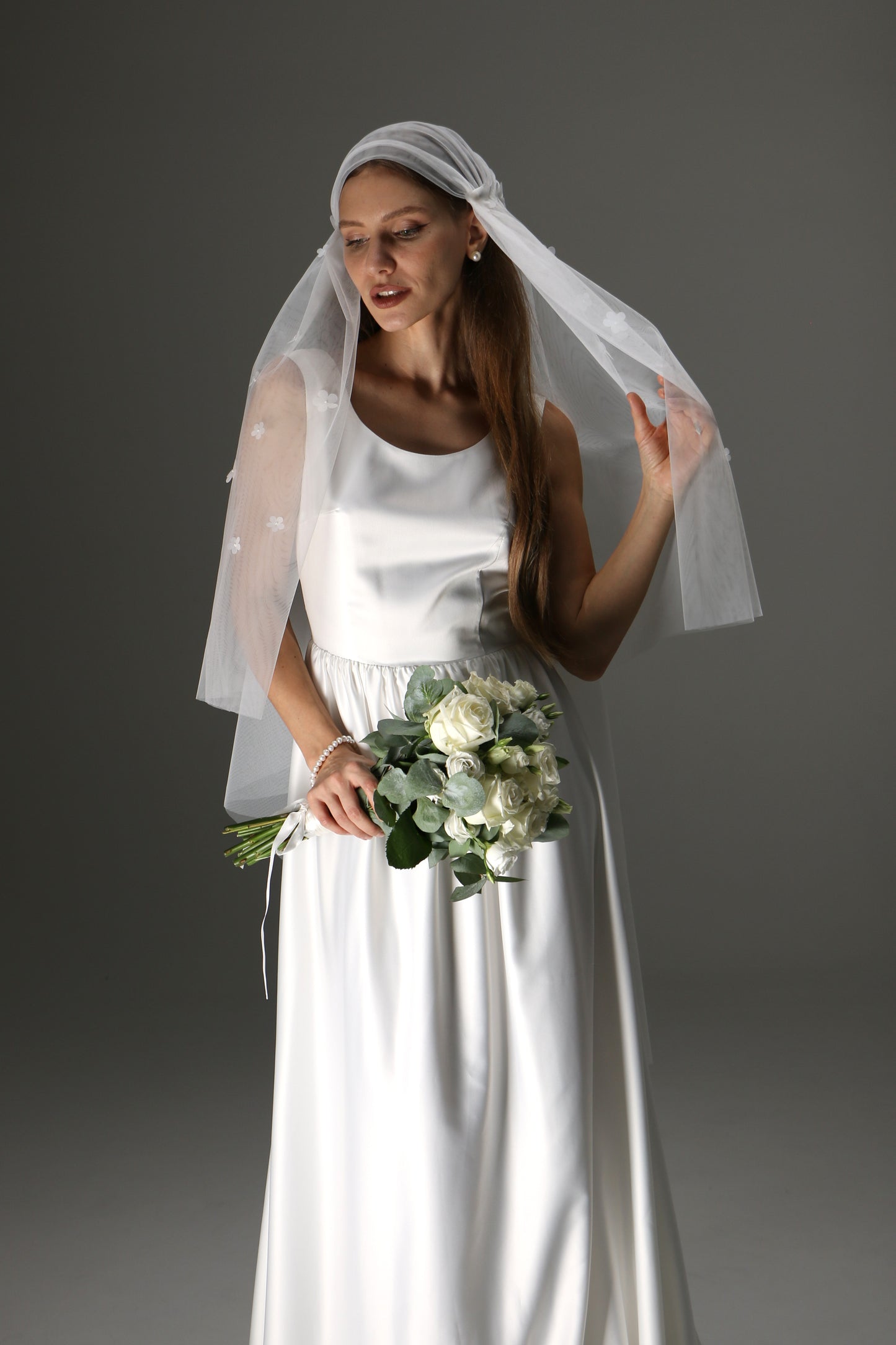 Juliet Cap Wedding Veil – Two Tier Cascade Style with Floral Appliqué in Soft Tulle - M1002