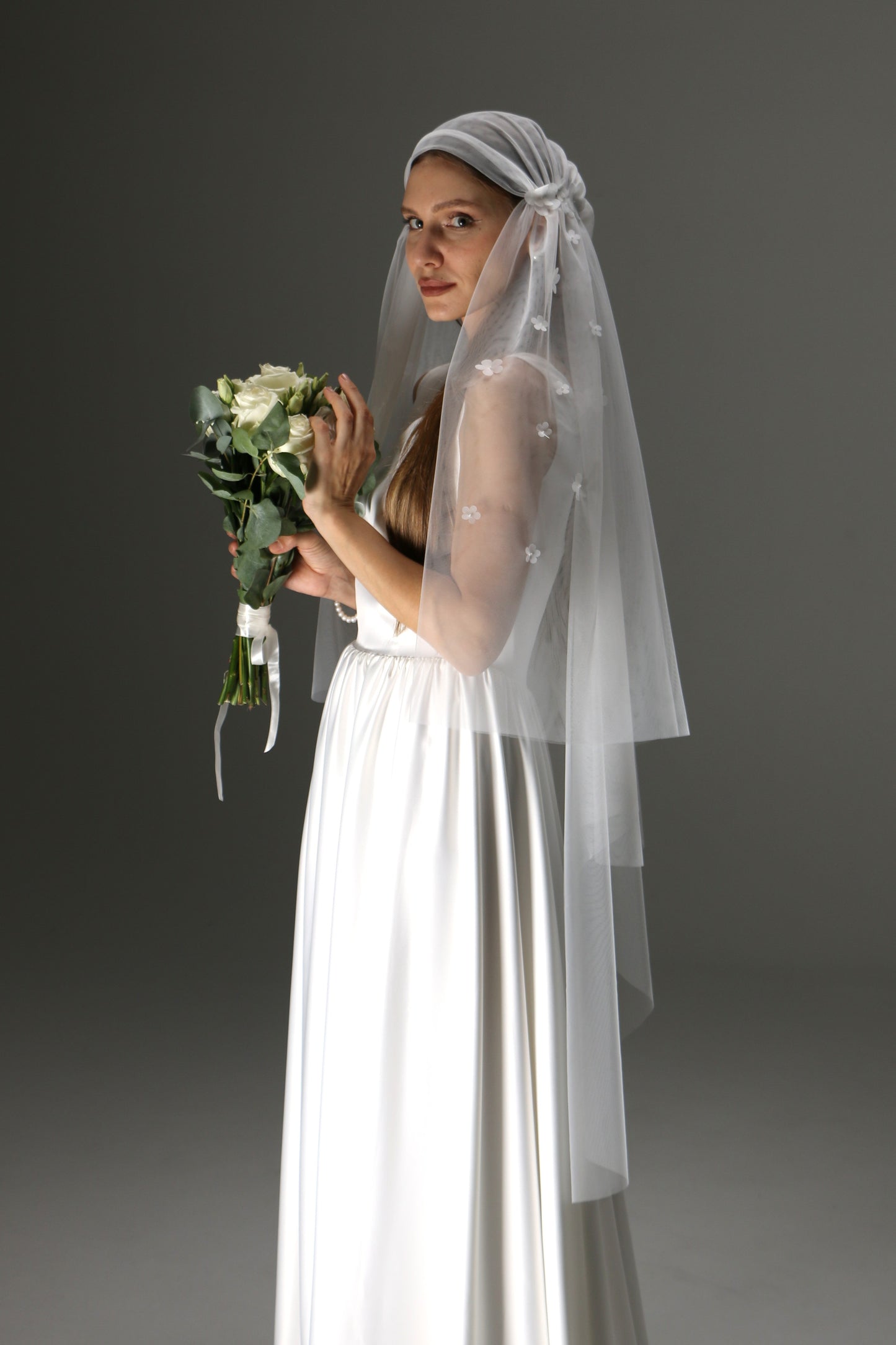 Juliet Cap Wedding Veil – Two Tier Cascade Style with Floral Appliqué in Soft Tulle - M1002