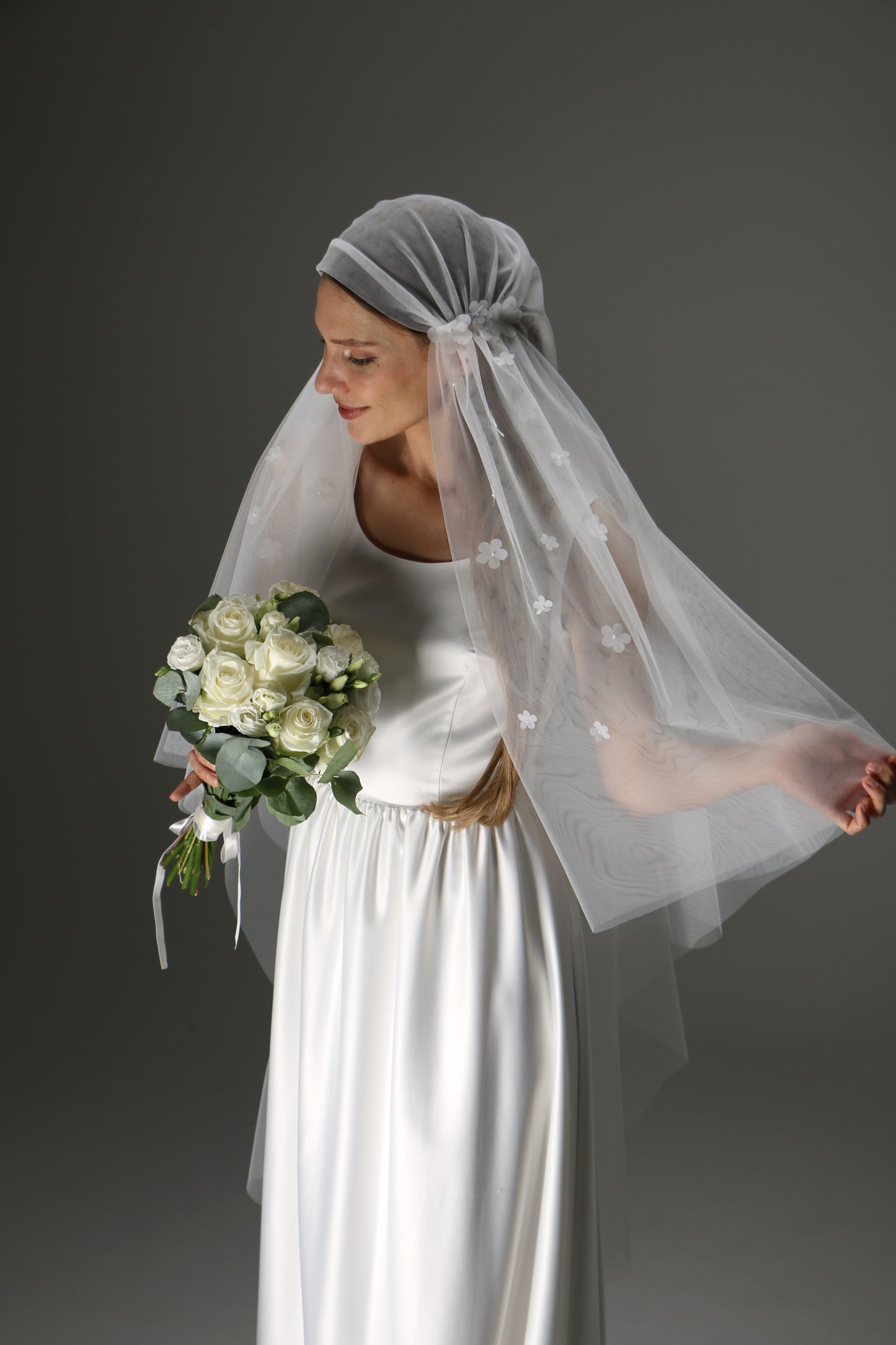 Juliet Cap Wedding Veil – Two Tier Cascade Style with Floral Appliqué in Soft Tulle - M1002